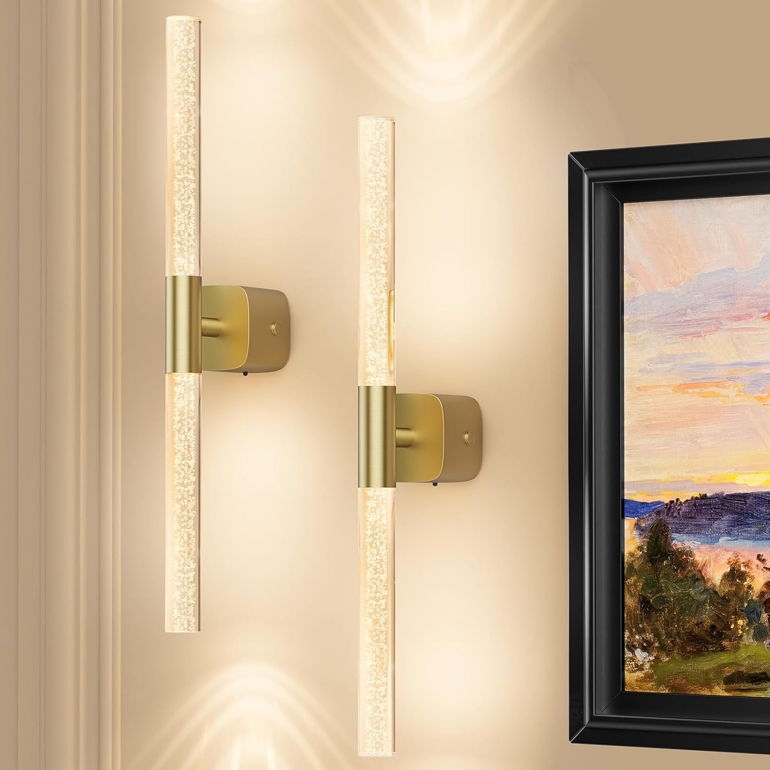 Battery Operated Wall Sconce Set of 2 Brushed Gold 12000mAh Rechargeable Wall Light with Crystal Acrylic 24