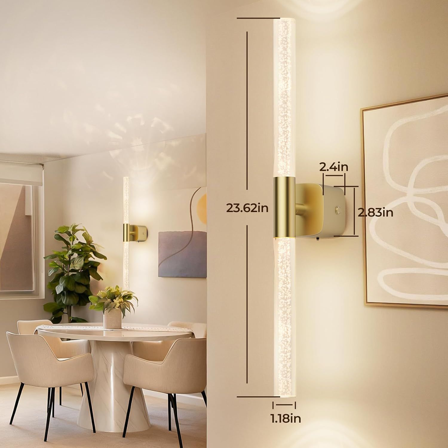 Battery Operated Wall Sconce Set of 2 Brushed Gold 12000mAh Rechargeable Wall Light with Crystal Acrylic 24