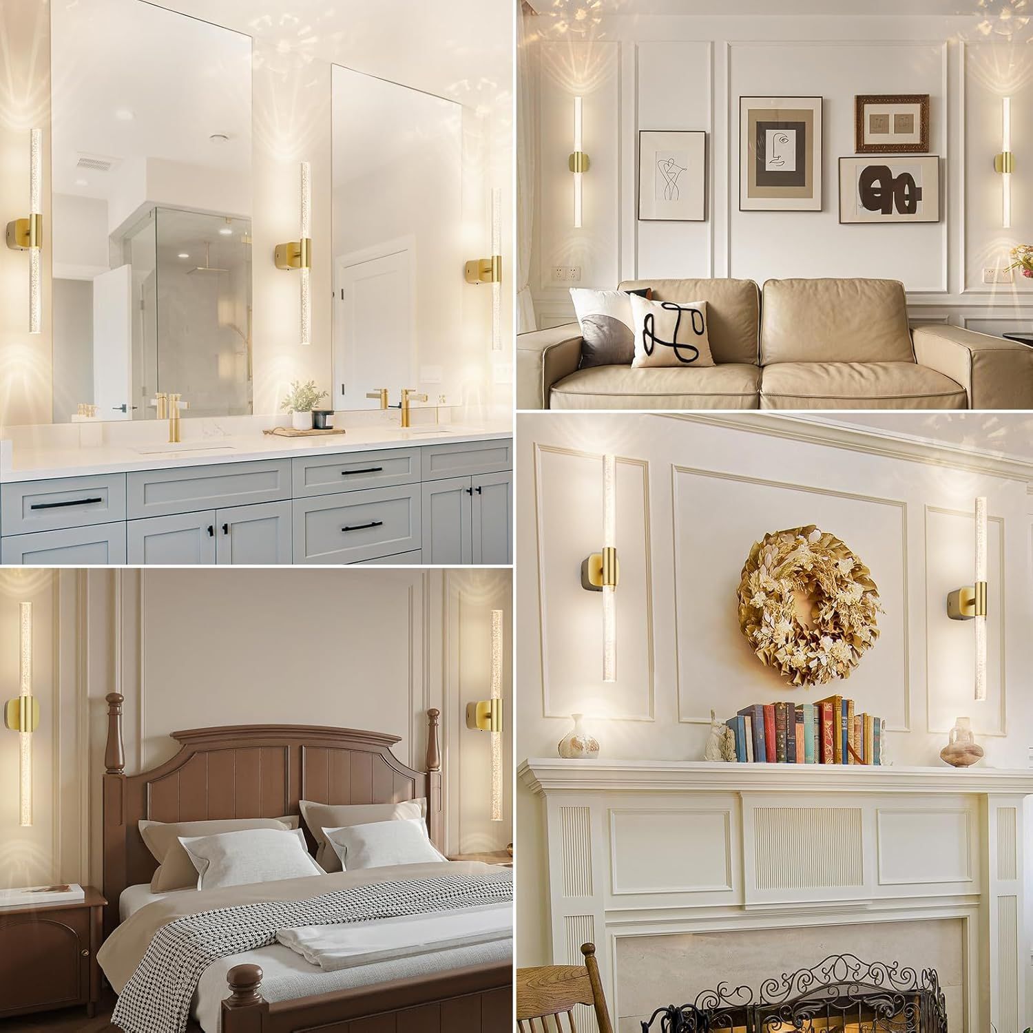 Battery Operated Wall Sconce Set of 2 Brushed Gold 12000mAh Rechargeable Wall Light with Crystal Acrylic 24