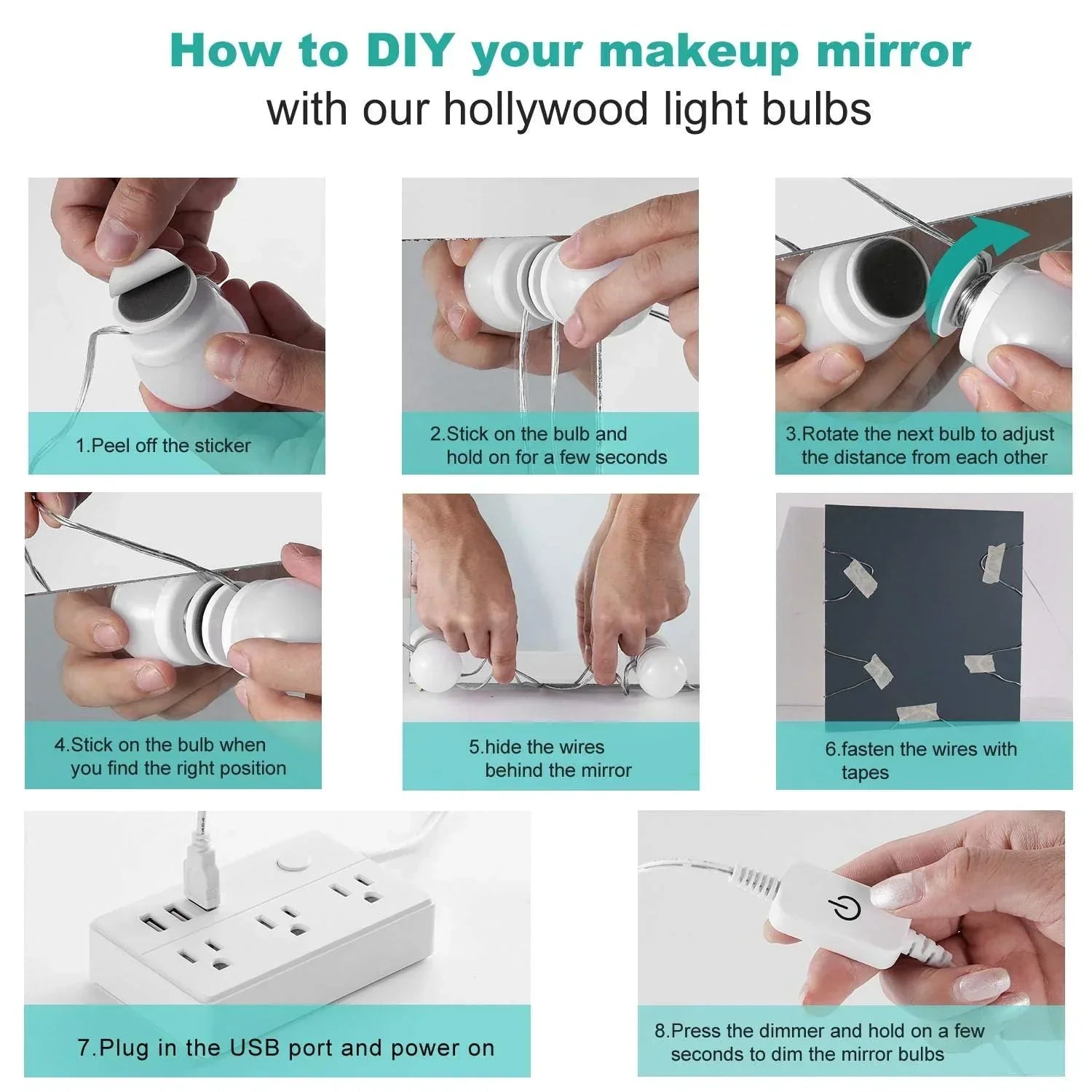 Dimmable Hollywood Style Lighted Vanity Makeup Mirror, LED Vanity Mirror Lights Kit with USB Port for Dressing Table, Mirror Not Included (4000K Natural White 6 Bulbs 5V USB)