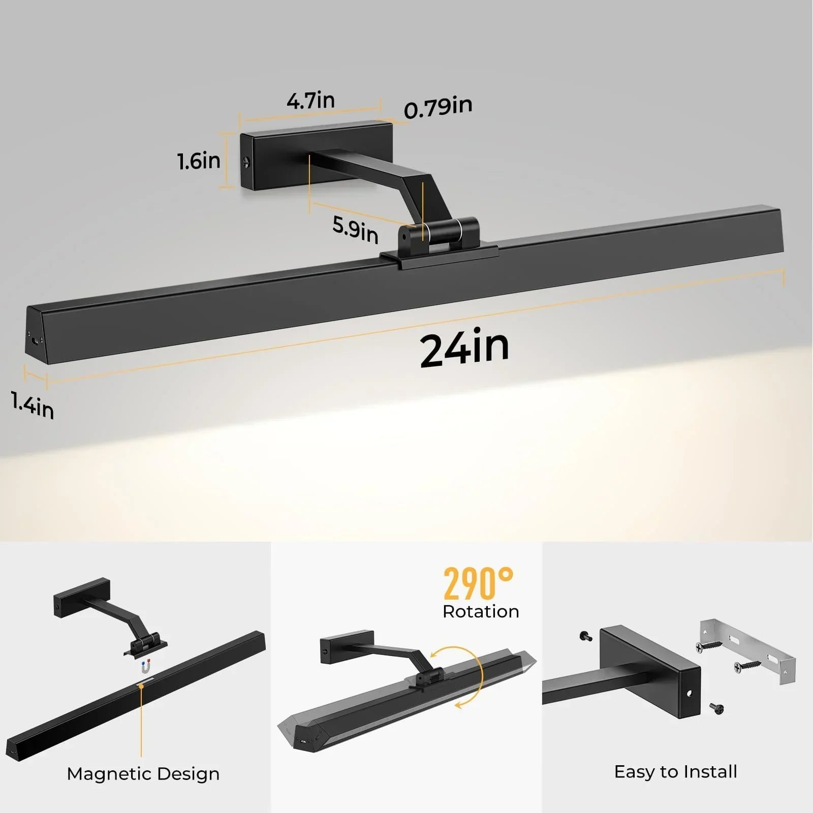 Wall Picture Light, 24in Battery-Powered Gallery Light for Artwork, CCT Dimmable Rechargeable Battery Wall Lamp with Remote Control for Living Room, Gallery, and Dartboard (Black)