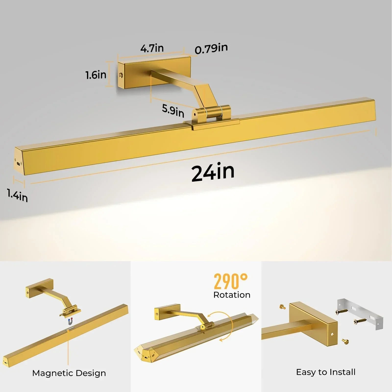 Wall Picture Light, 24in Battery-Powered Gallery Light for Artwork, CCT Dimmable Rechargeable Battery Wall Lamp with Remote Control for Living Room, Gallery, and Dartboard (Gold)