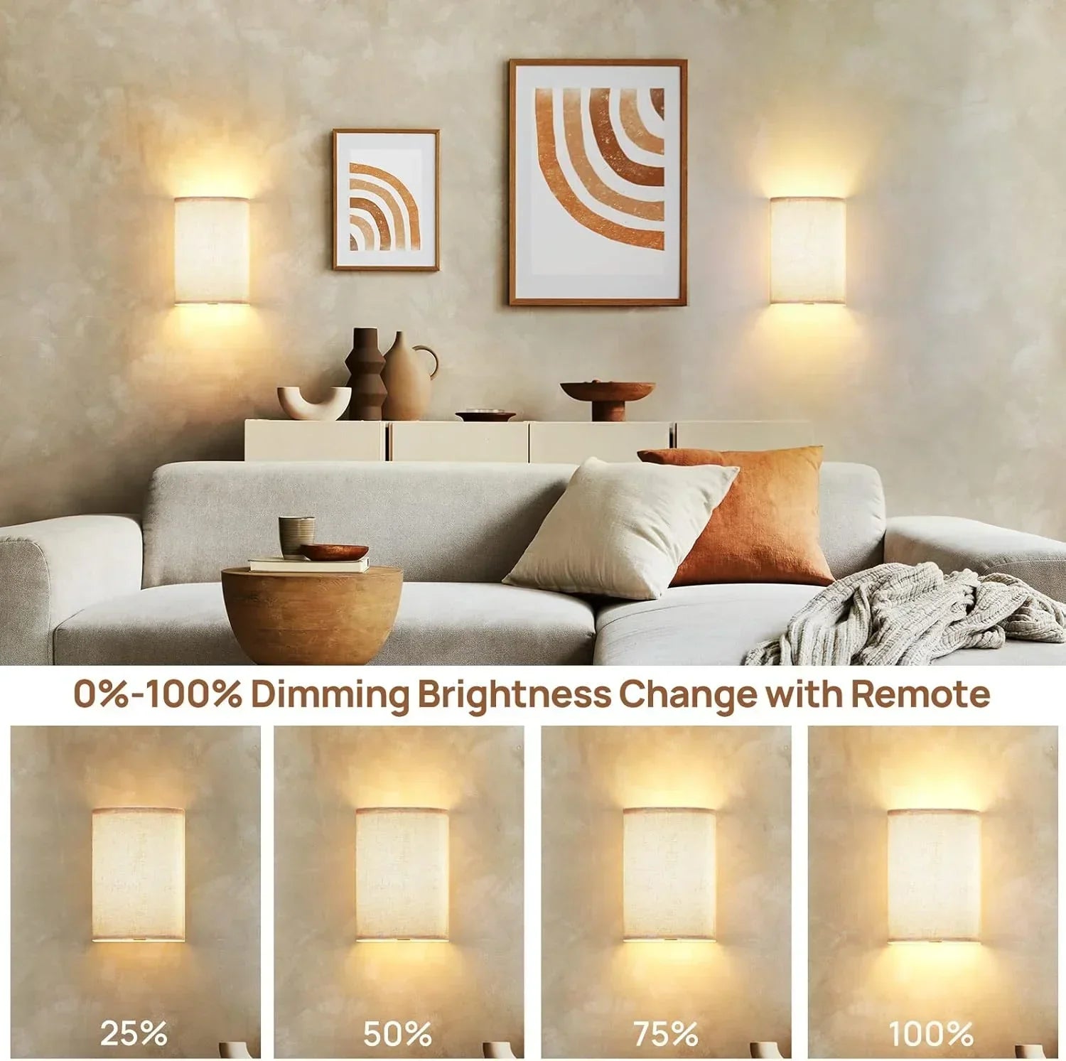 Battery Operated Wall Lights, 2 Pack Boho Decor with Remote Control, RGB Color Rustic Wall Sconces, Fabric Linen Shade Lighting