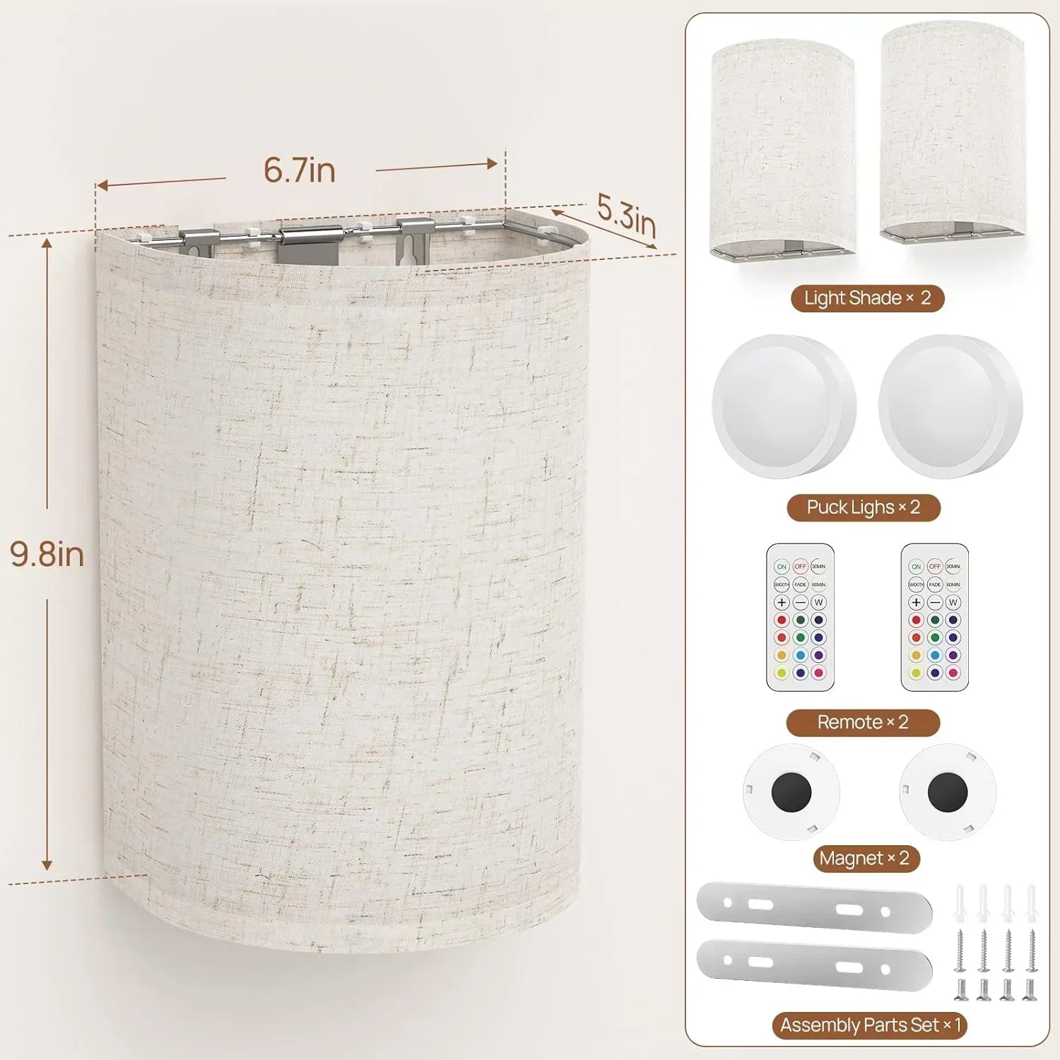 Battery Operated Wall Lights, 2 Pack Boho Decor with Remote Control, RGB Color Rustic Wall Sconces, Fabric Linen Shade Lighting