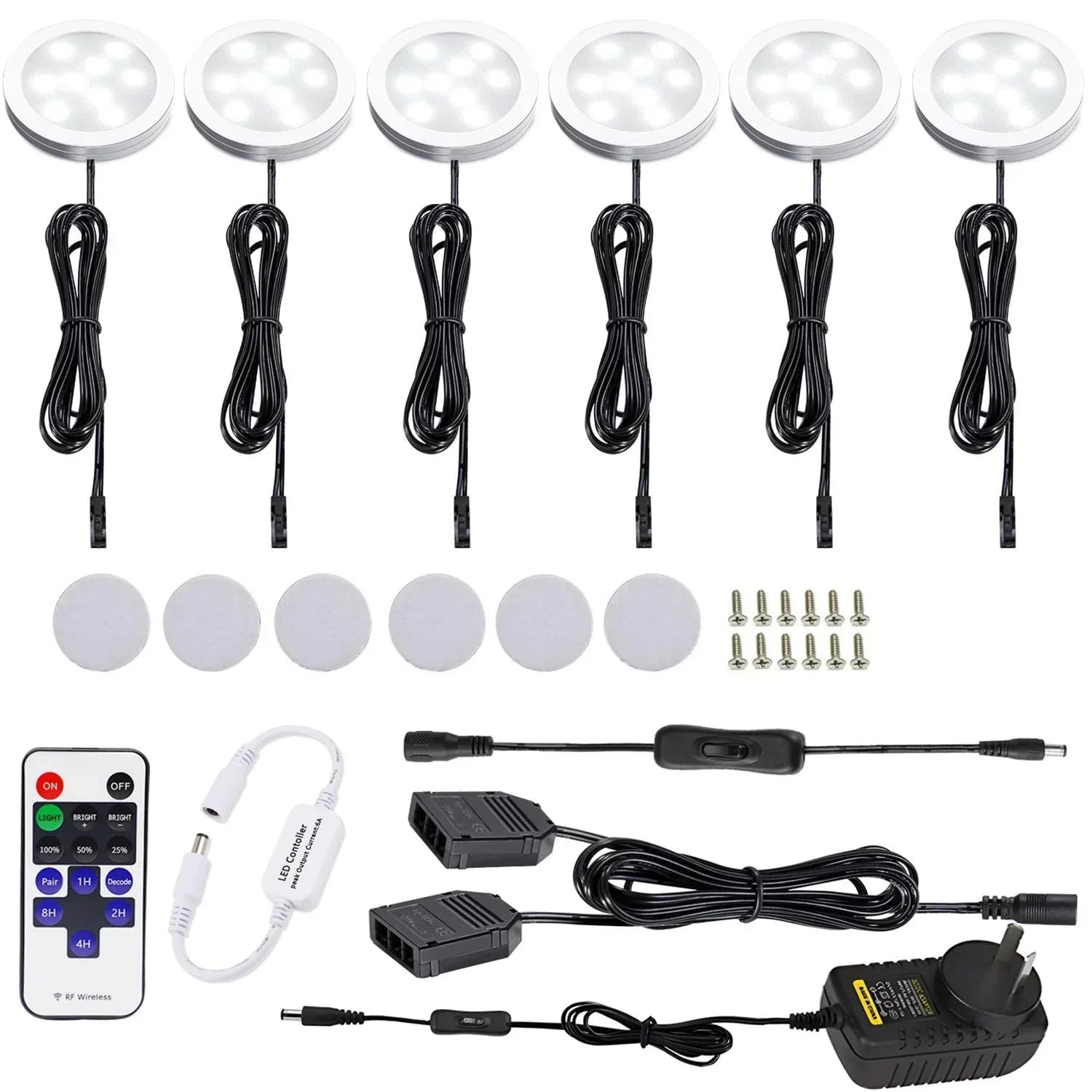 Dimmable & Timing Under Counter Lights Kitchen with Wireless RF Remote,Ultra-Thin 240V LED Cabinet Lights,12W Shelf Lights，6 Lights,Daylight White