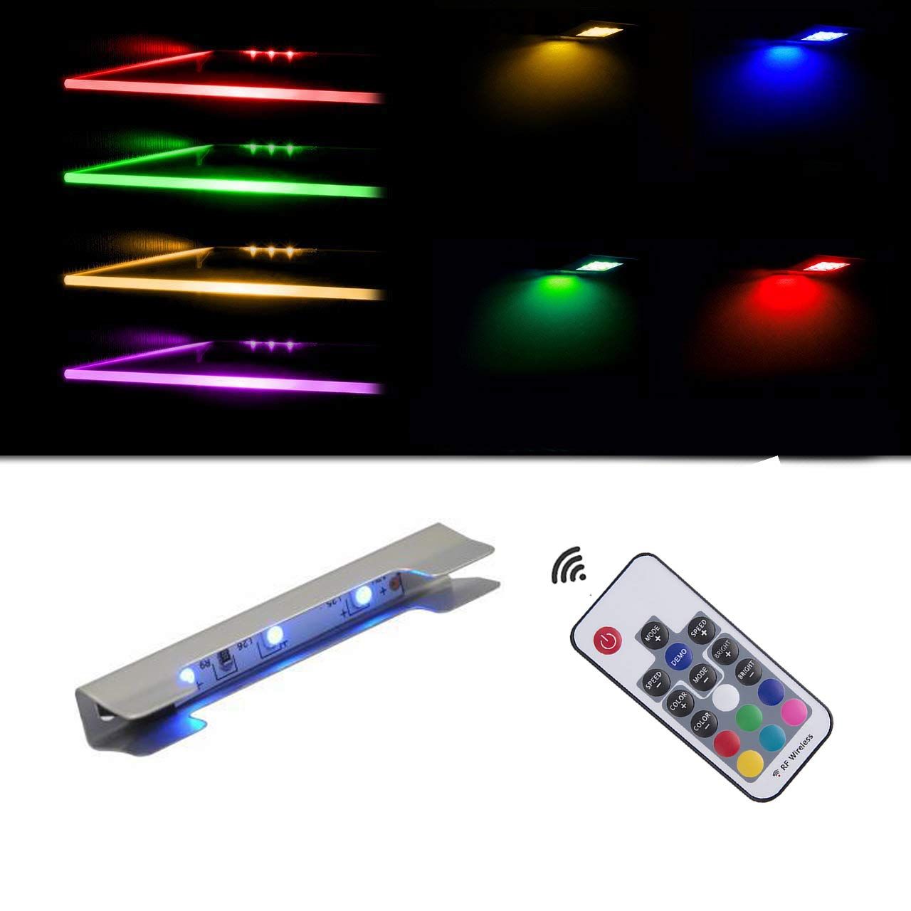 LED Under Cabinet Night Lights Kit for Glass Edge Shelf Back Side Lighting Using Flexible Cable and Clip with RF Remote(6 Lights RGB)
