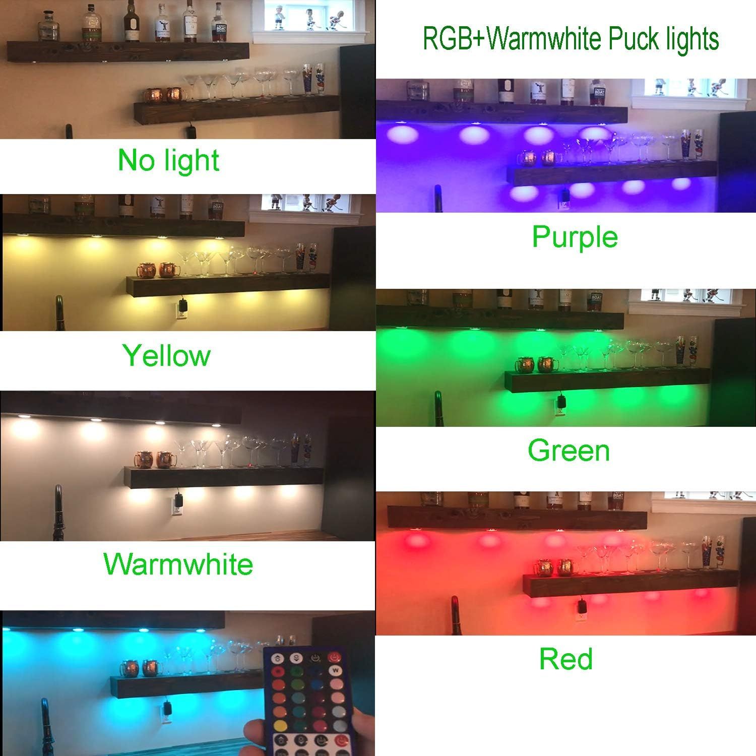 RGBWW RGB + Warm White Color Changing Christmas Xmas Under Cabinet LED Lights Kit IR Remote Puck Lights for Kitchen Counter Shelf Furniture Ambiance Lighting (RGBWW, 4 Lights, 12W)