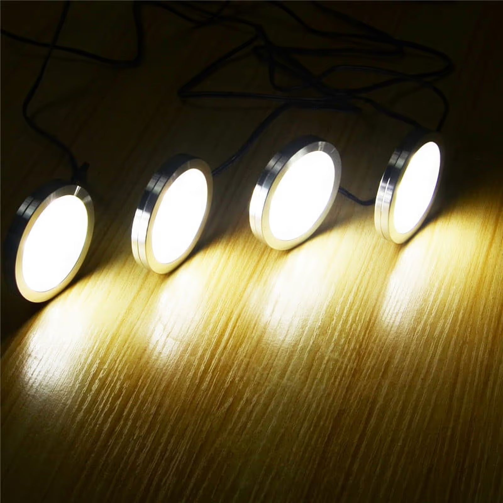Under Cabinet LED Puck Lights, 2W Hardwired Round LED Spot Lights, 30cm Lead Wire, 12V DC Low Voltage, Perfect for Kitchen Counter, Cabinet, RV Interior, Boat & Marine Lighting (4 Pack 6000K Daywhite)