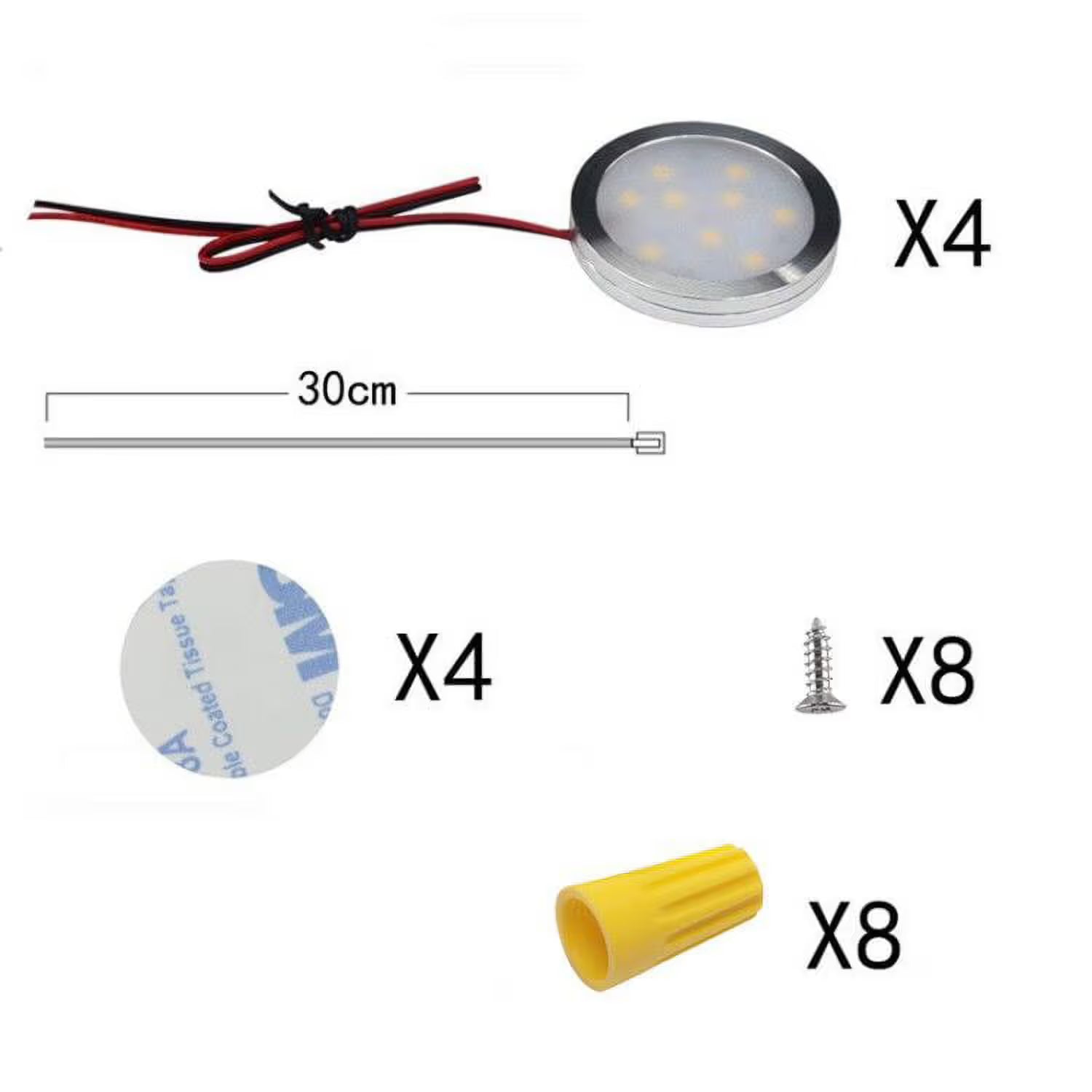 Under Cabinet LED Puck Lights, 2W Hardwired Round LED Spot Lights, 30cm Lead Wire, 12V DC Low Voltage, Perfect for Kitchen Counter, Cabinet, RV Interior, Boat & Marine Lighting (4 Pack 6000K Daywhite)