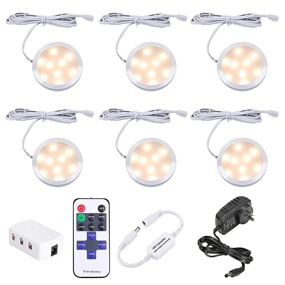 Dimmable LED Under Cabinet Lighting, Counter Showcase Kitchen Lighting Fixtures with 12V Plug in Adapter and Dimmable Wireless Remote Control, 6 Ultra Slim Puck Lights Kit