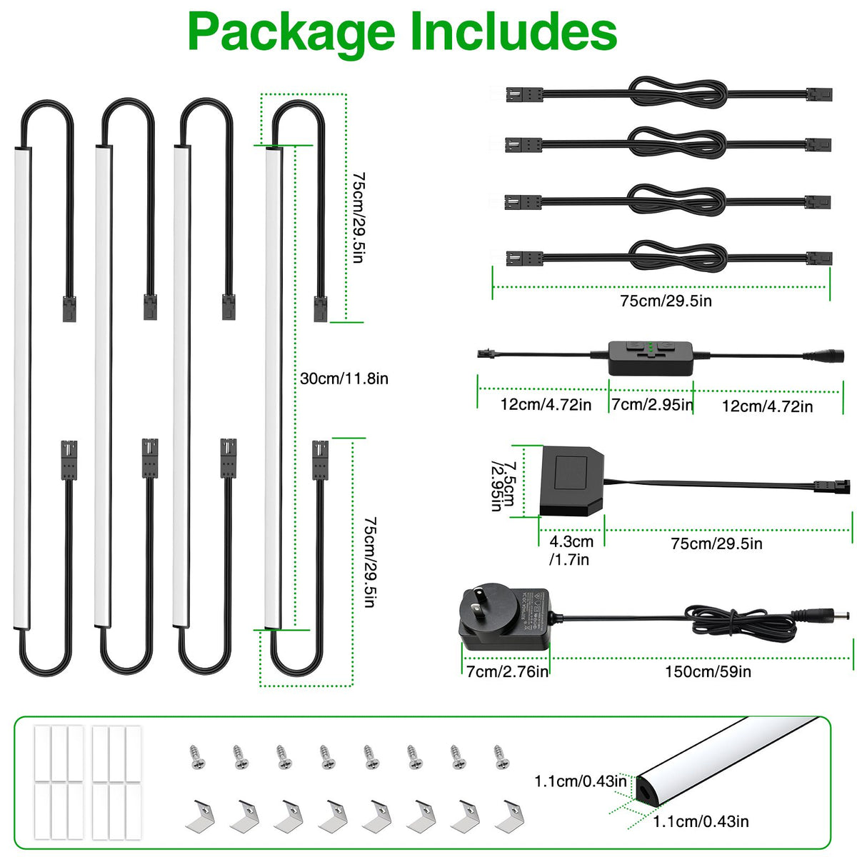 Under Cabinet Lighting 4 Bar Kit 12in 12W Plug In Dimmable CCT 2700-6000K Timer