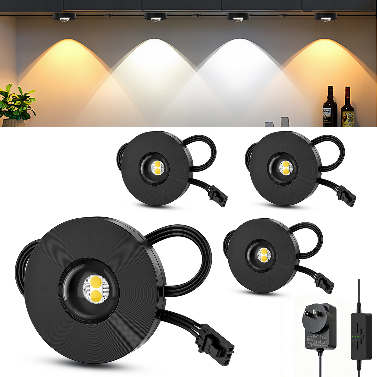 4 Pack LED Puck Lights Under Cabinet Plug In Dimmable CCT 3000-6000K with Timer