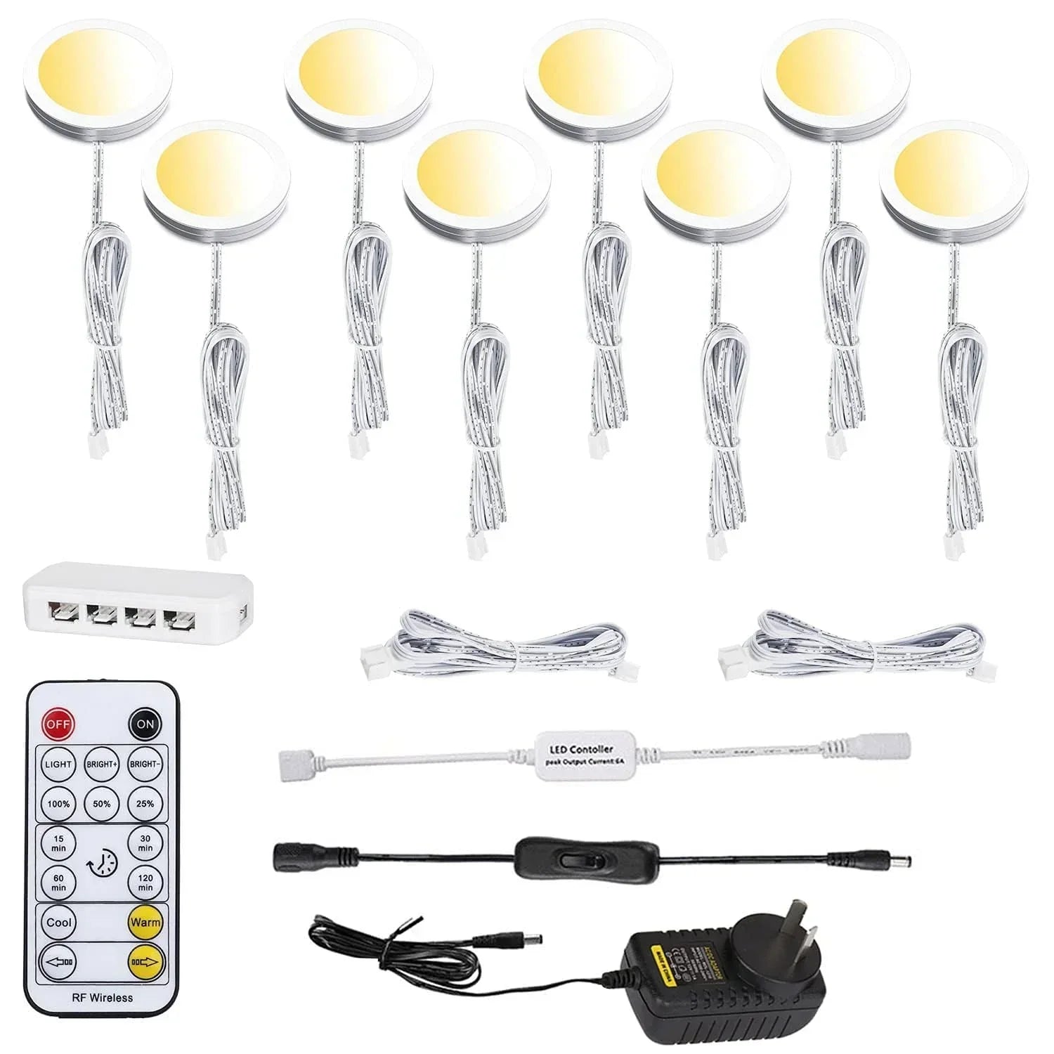 LED Under Cabinet Puck Lights CCT Light Color Temperature Adjustable Warm+White Double Color with Dimmable RF Remote Controller for Kitchen Shelf Ambiance Display Lighting (8 Lights, 24W)