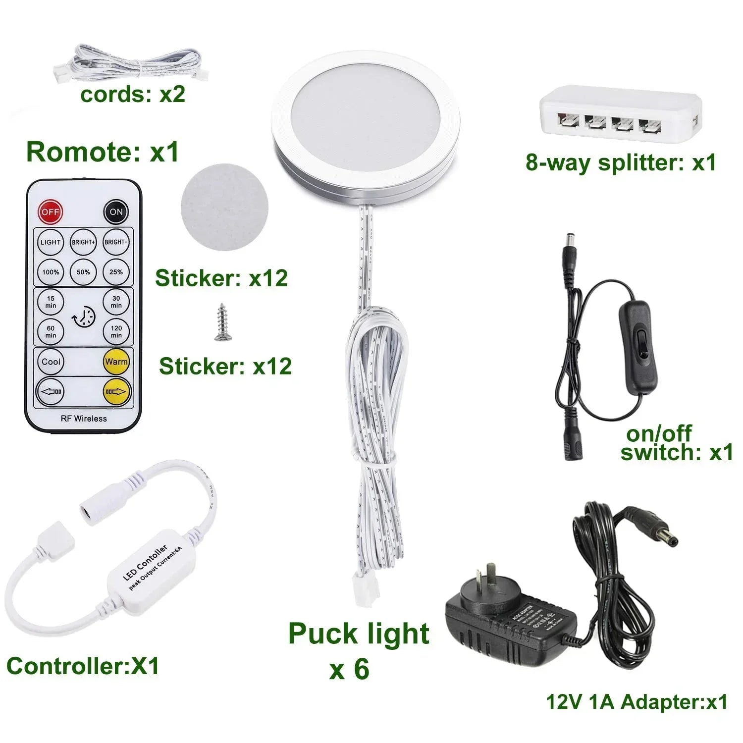 LED Under Cabinet Puck Lights CCT Light Color Temperature Adjustable Warm+White Double Color with Dimmable RF Remote Controller for Kitchen Shelf Ambiance Display Lighting (8 Lights, 24W)