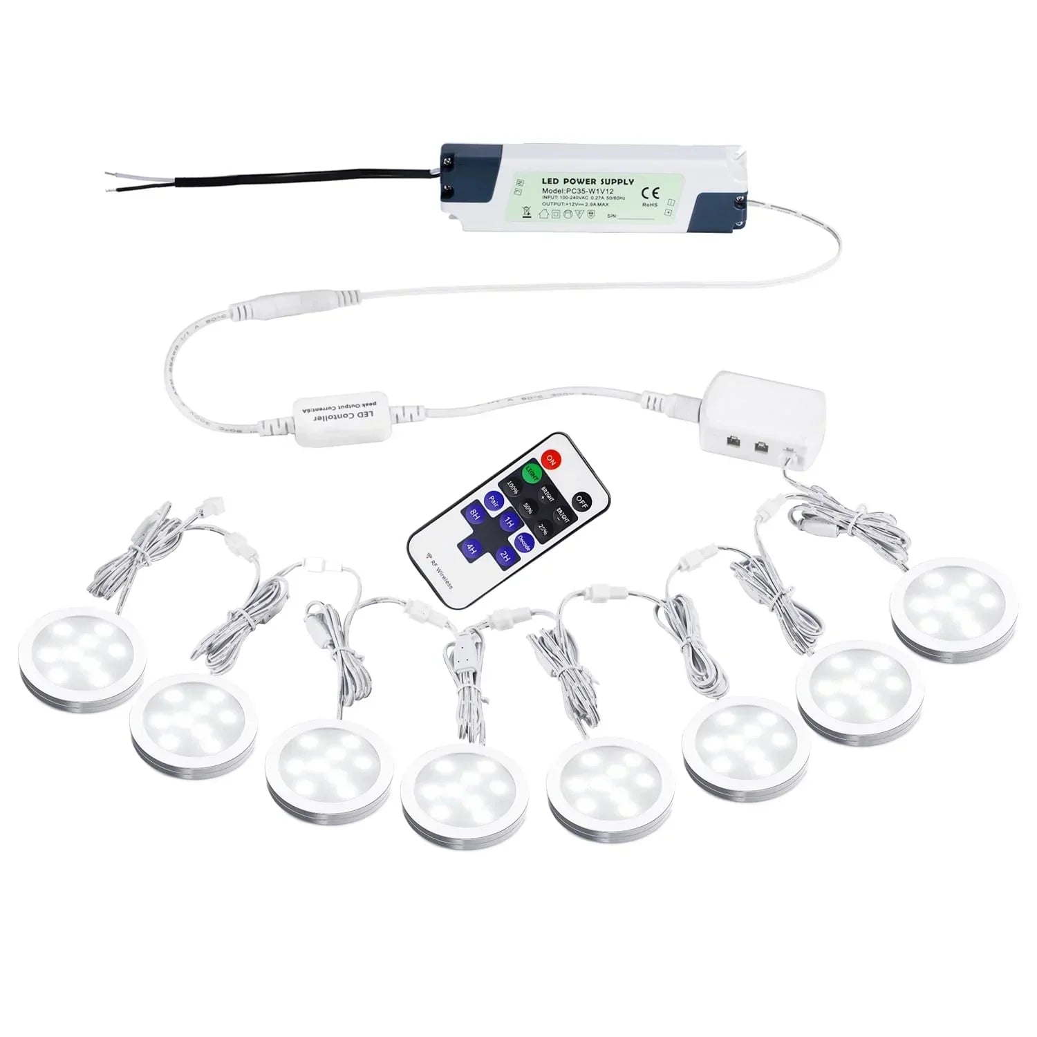 Linkable Under Cabinet LED Lighting 12V Slim Aluminum Dimmable Puck Lights Direct Wired with RF Remote Control for Kitchen Lighting(8pack Daylight White)