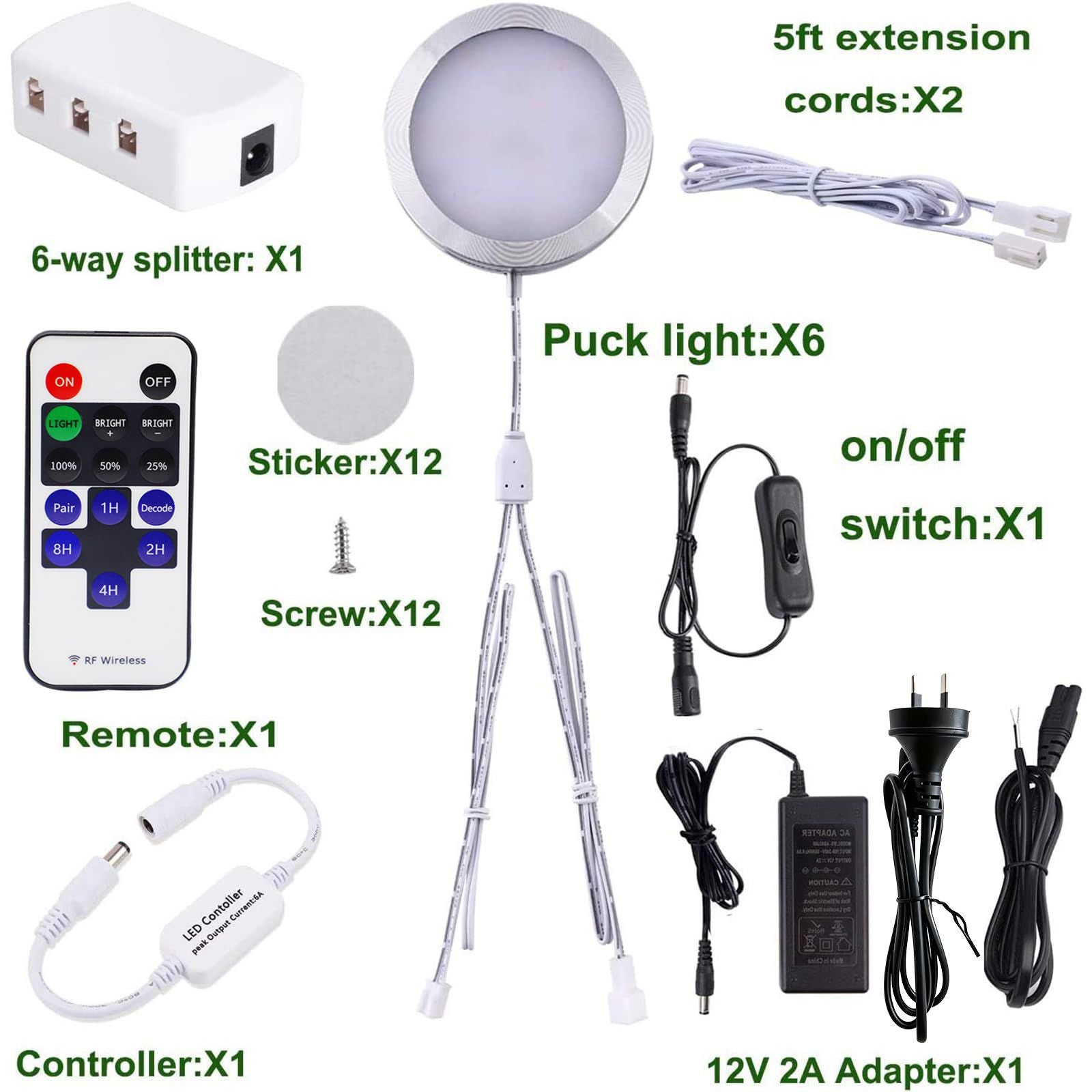 Linkable Under Cabinet LED Lighting 12V Dimmable Puck Lights with Wireless RF Remote Control, Hardwired & AU Wall Plug in for Counter Lighting(6 Lights, Natural White)
