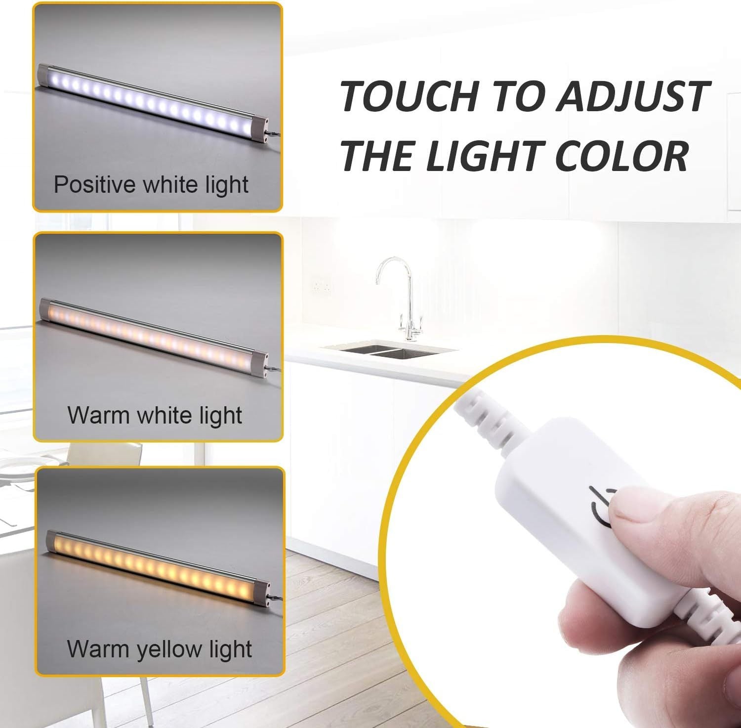 Dimmable LED Under Cabinet Lighting,5V USB Powered Closet Light Bar with Touch Sensor,Plug Under Counter Strip Lights with 3 Color Temperature for Kitchen Cupboard Shelf Bookcase (11.2inch 2PACK)