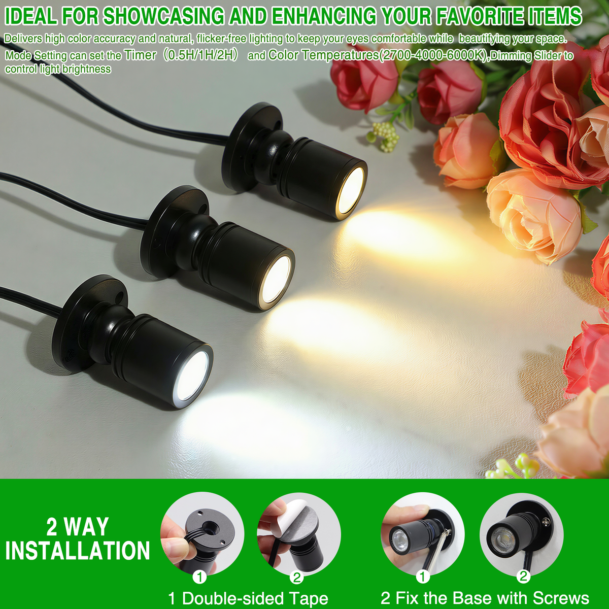 4 Pack Dimmable LED Mini Spotlight 12V CCT 2700-6000K Display Cabinet Art Light