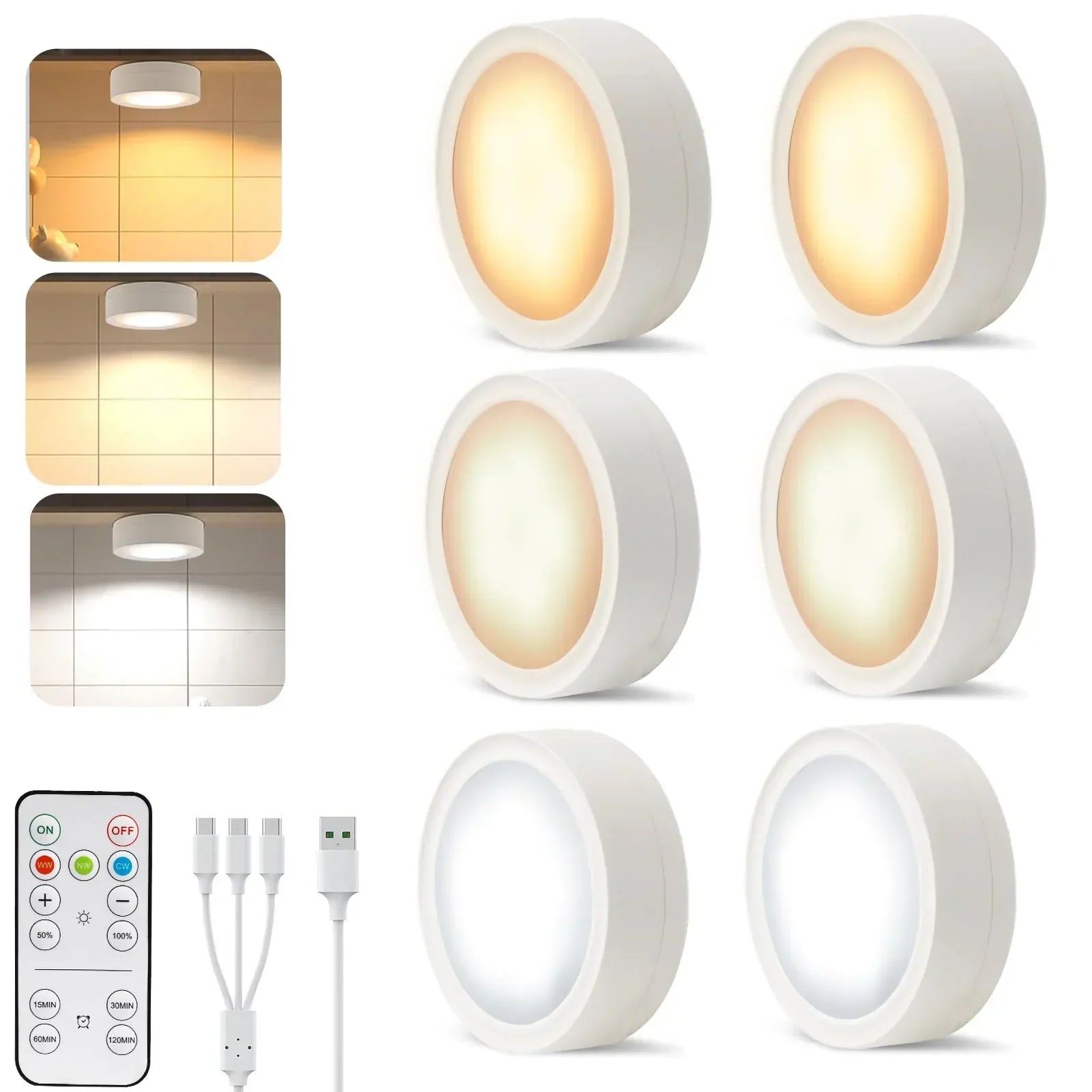 Pack of 6 Under-Unit Lights Kitchen LED Cabinet Lighting Wireless with Remote Control Cabinet Lighting Rechargeable Battery Dimmable Under Cabinet Light for Showcases, Wine Cabinet