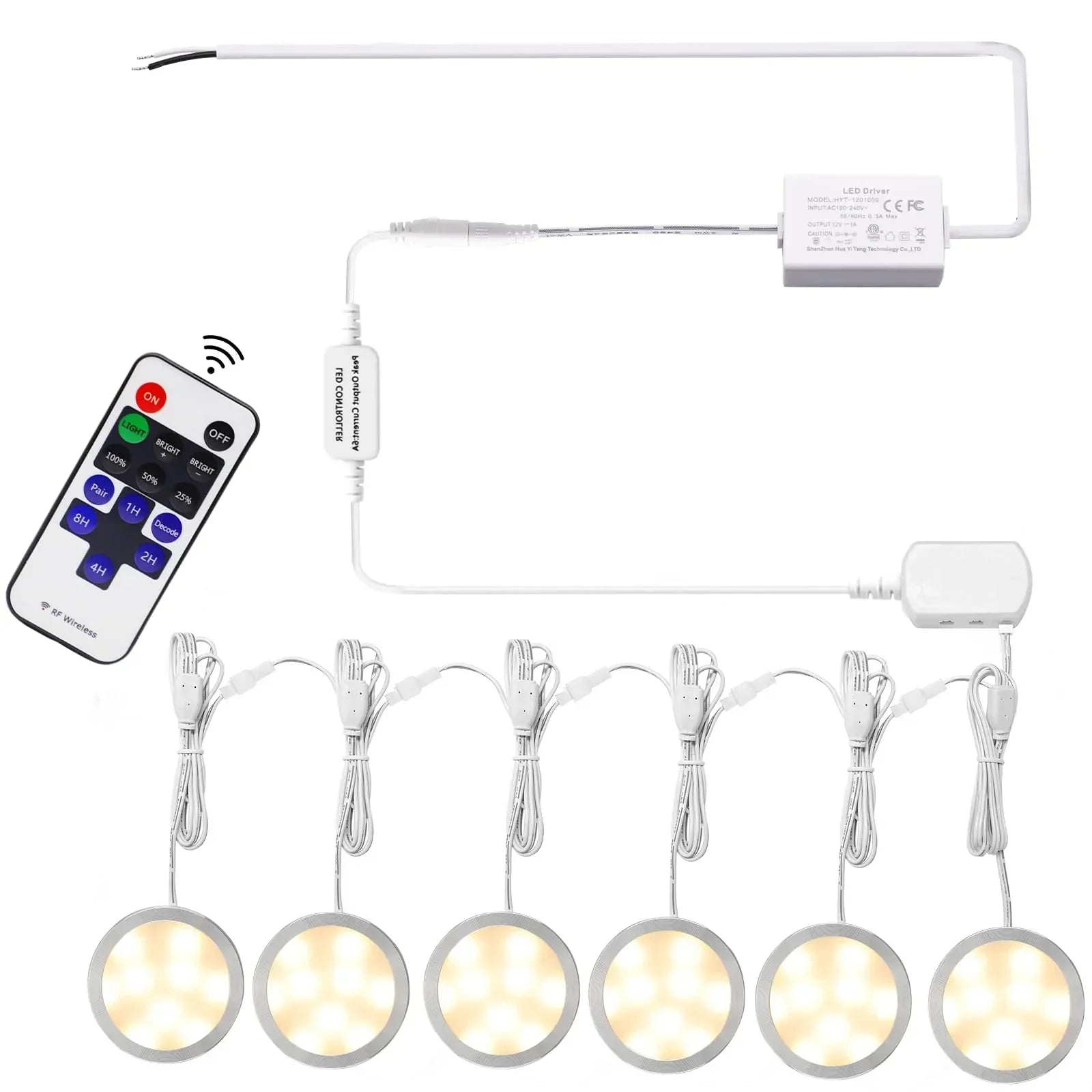Linkable Under Cabinet LED Lighting 12V Dimmable Puck Lights Hardwired with Wireless RF Remote Control for Kitchen Mood Lighting(6 Lights, Warm White)