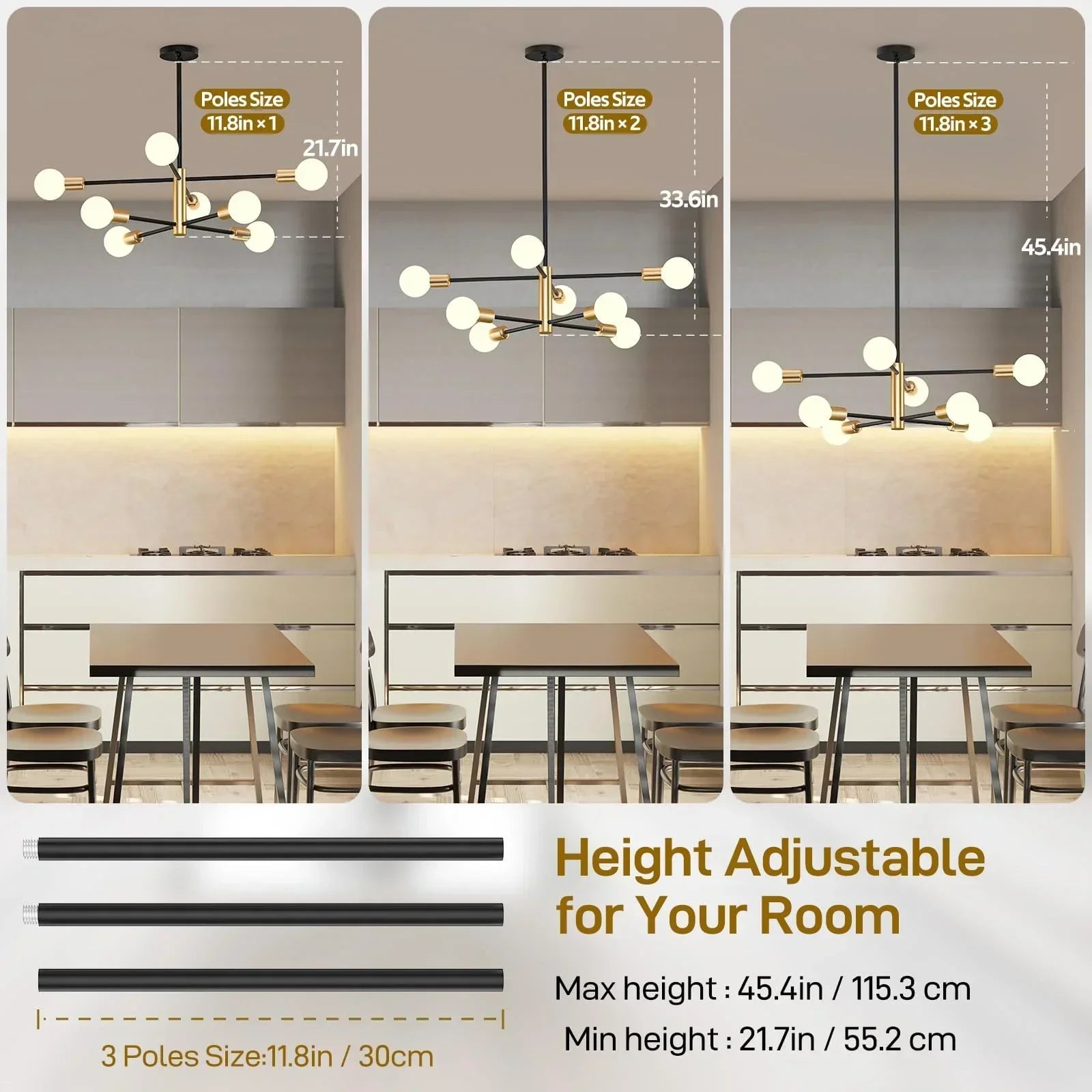 Sputnik Chandelier 8‑Light – Gold Mid‑Century Adjustable Ceiling Light
