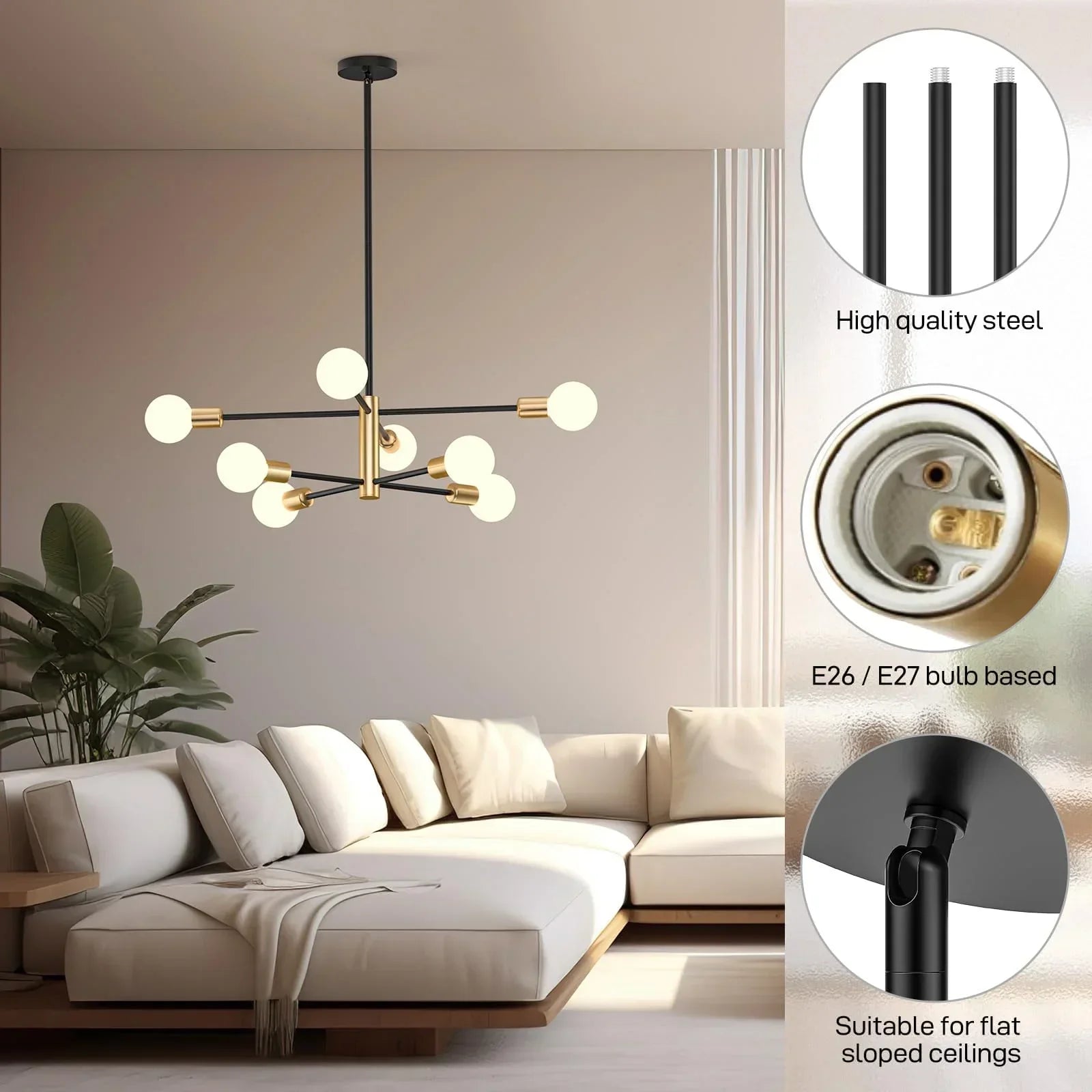 Sputnik Chandelier 8‑Light – Gold Mid‑Century Adjustable Ceiling Light