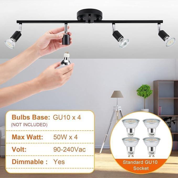 Kitchen Lights,Ceiling Lighting Kits, Swivelling Ceiling Spotlight for Bedroom, Kitchen and Living Room(GU10 LED Bulbs not Included) (4 Way Black)