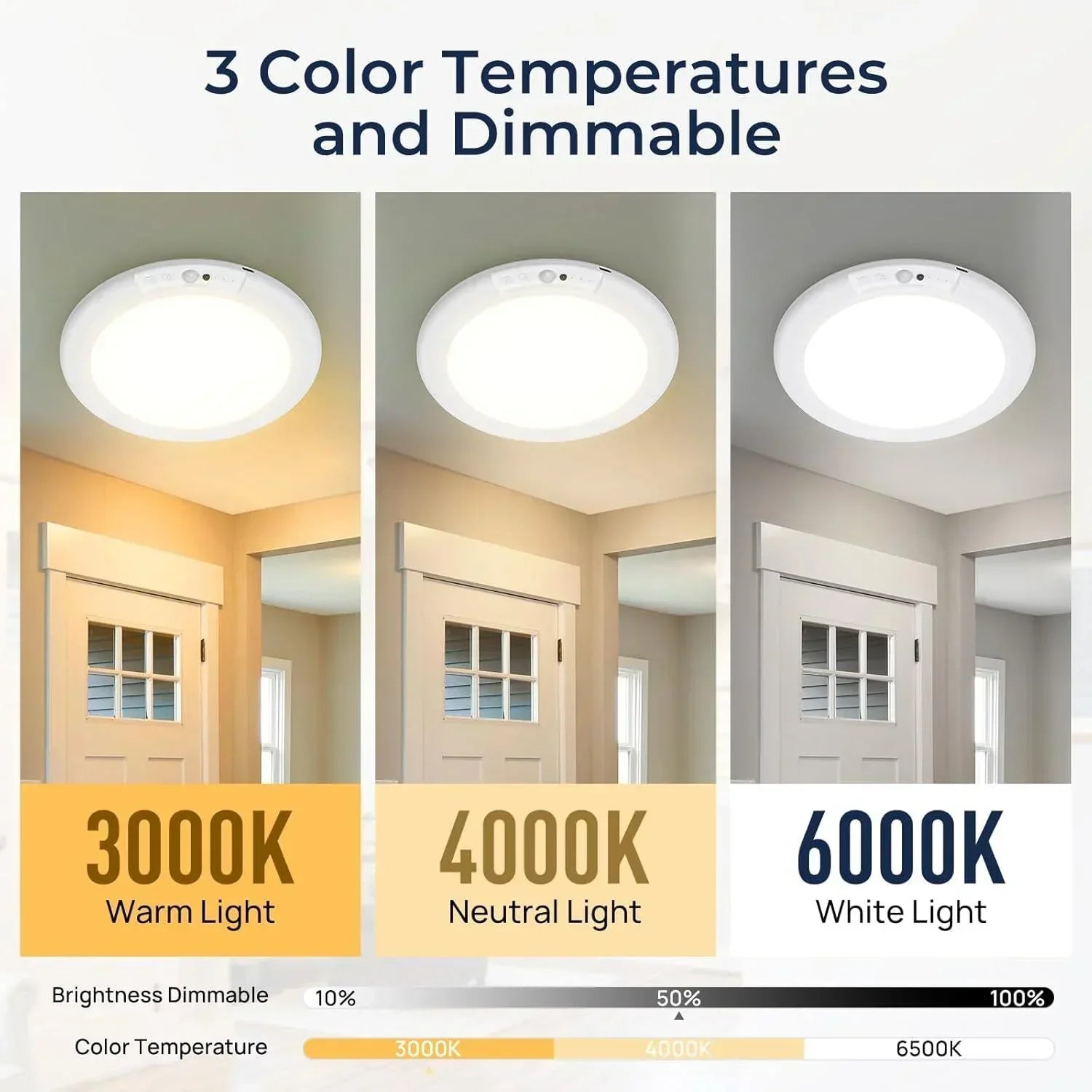 Rechargeable Motion Sensor Ceiling Light with Remote, Battery Ceiling Light Wireless, 3 Colors Dimmable Indoor Overhead LED Lights for Closet Shower Pantry Shed Hallway Porch 4PACK