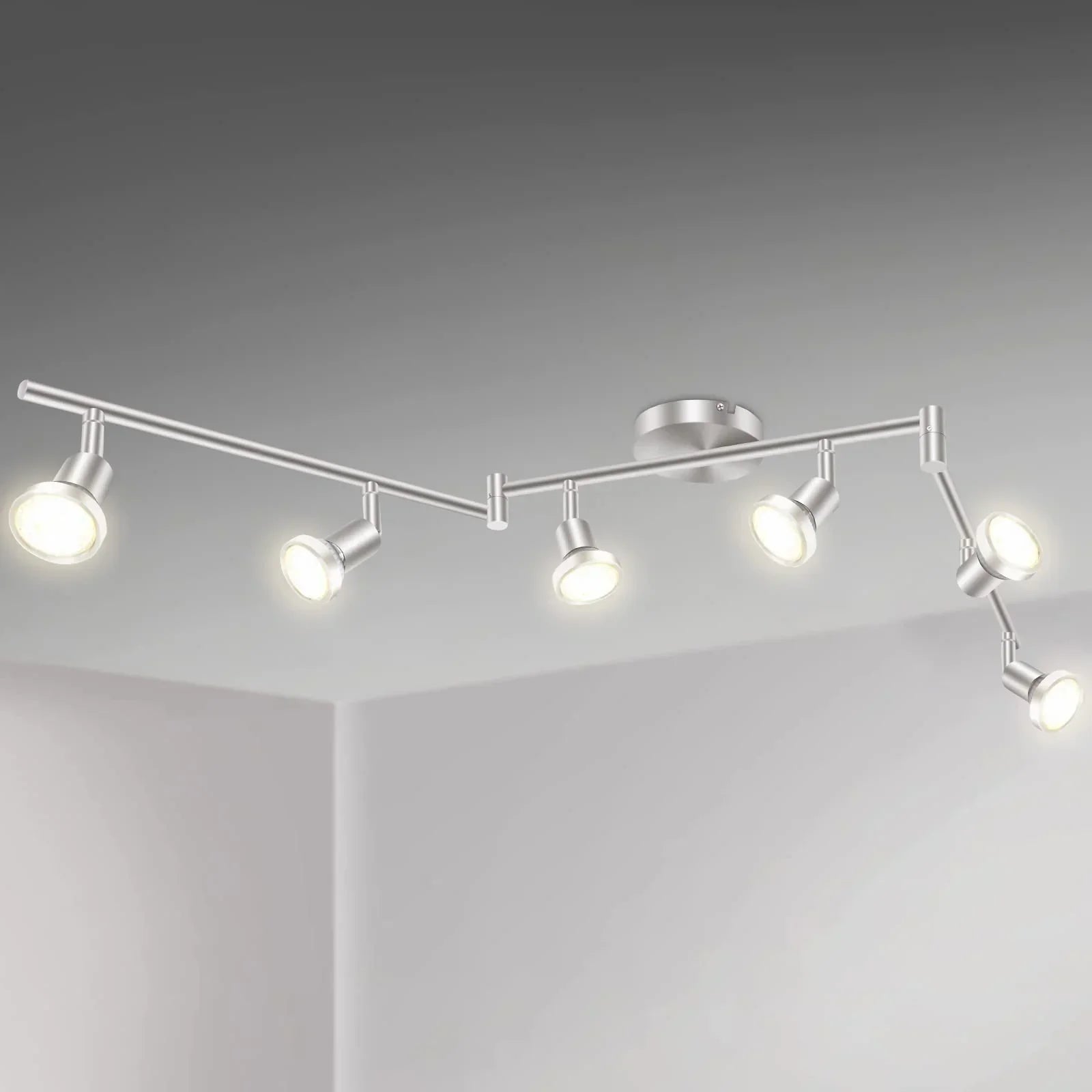 LED Ceiling Light 6 Way Rotatable Spot Lights for Ceiling,Flexible Ceiling Lights for Bedroom,Living Room,Nickel with Protectiv Bulb Trims(Gu10 Bulbs Not Included)