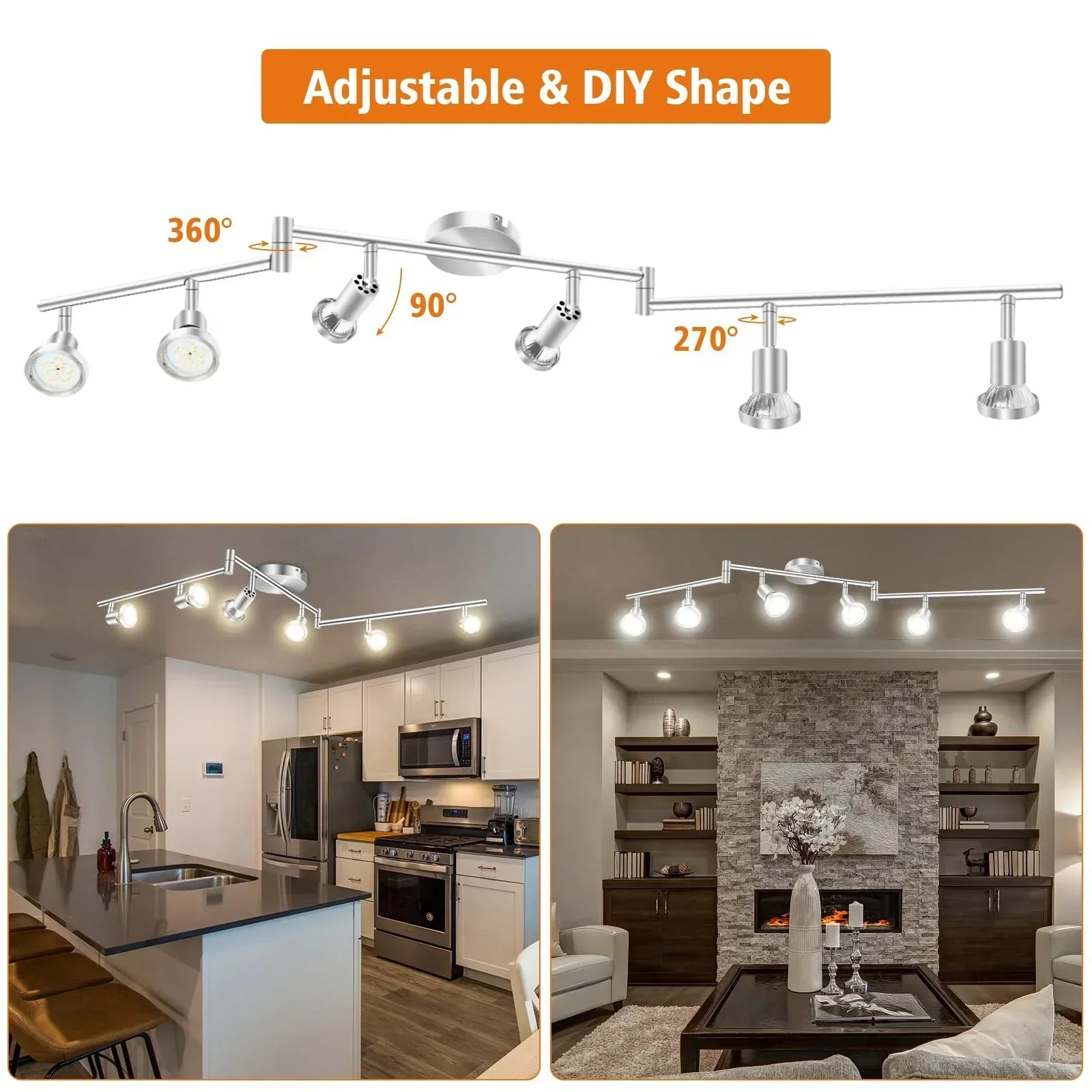 LED Ceiling Light 6 Way Rotatable Spot Lights for Ceiling,Flexible Ceiling Lights for Bedroom,Living Room,Nickel with Protectiv Bulb Trims(Gu10 Bulbs Not Included)