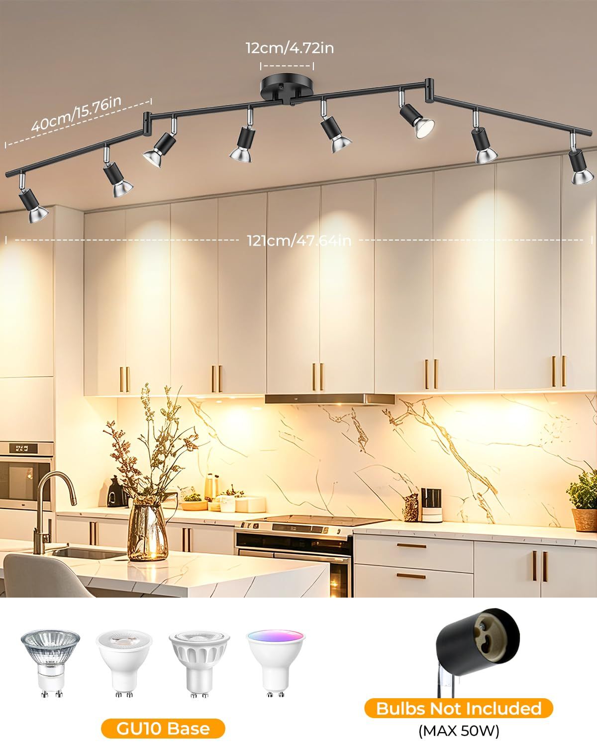 Aiboo 8-Light LED Track Lighting Kit, Swing Arm, GU10, Matte Black Finish