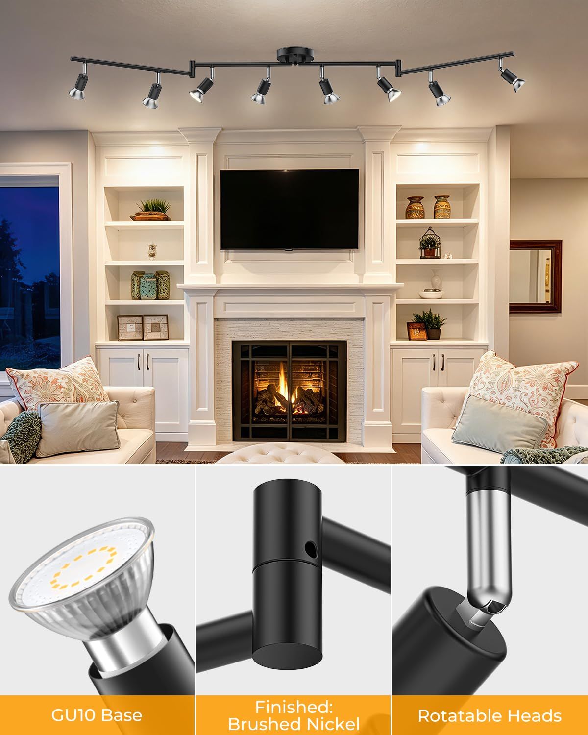 Aiboo 8-Light LED Track Lighting Kit, Swing Arm, GU10, Matte Black Finish