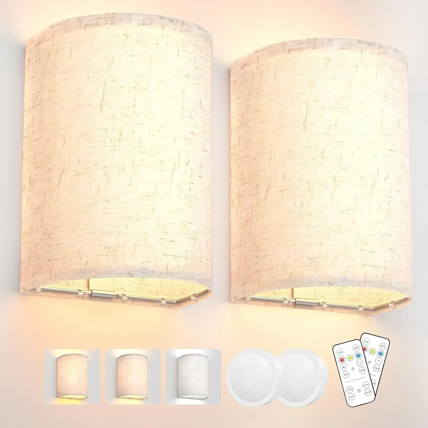Battery Operated Wall Lights,2 Pack Wall Light Decor with Remote Control,3 Colors Dimmable Fabric Shade Wall Lamps,Wireless Sconce Wall Lights for Farmhouse Sconces Wall Lighting 2700K-6000K