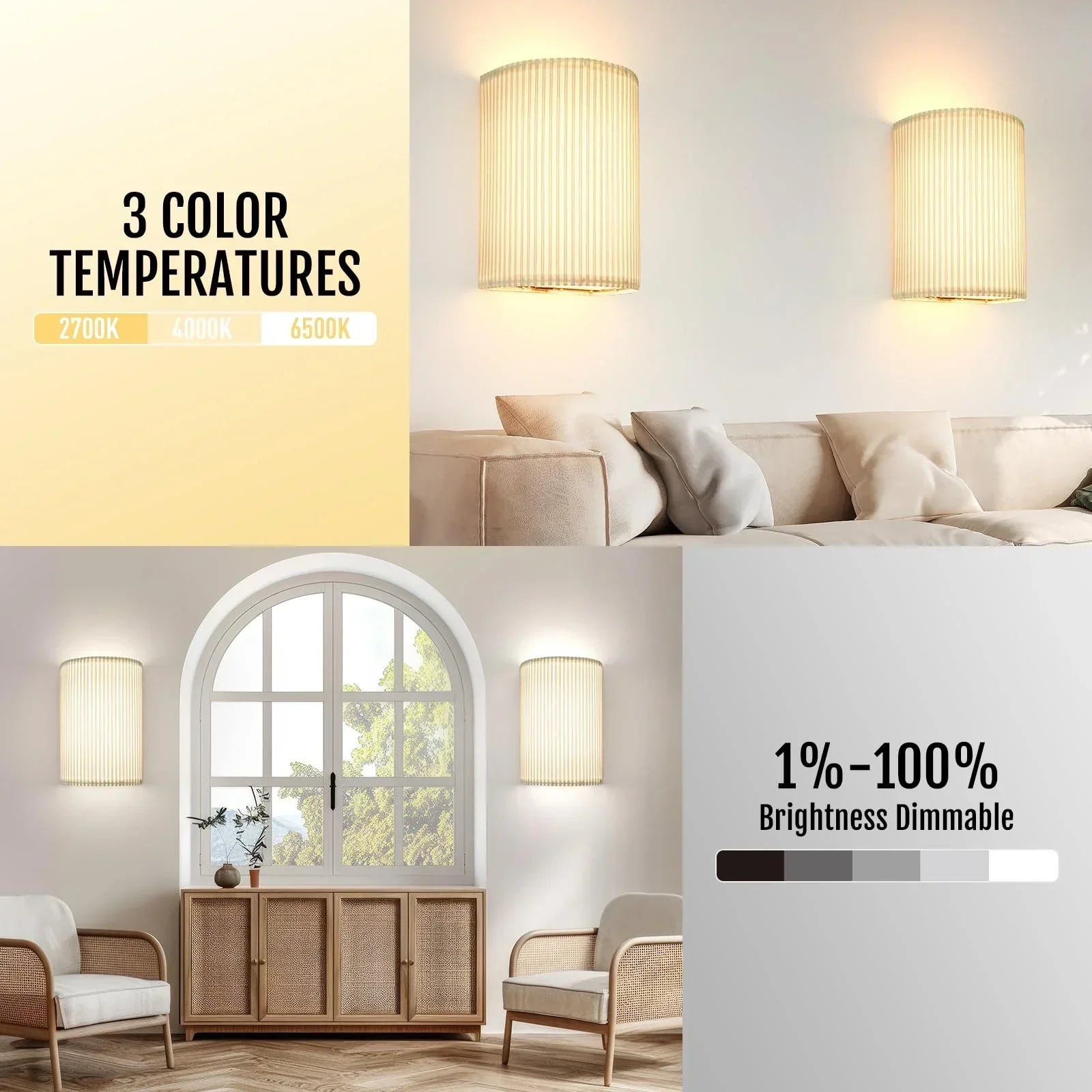 Battery Operated Wall Sconces Set of 2, 5000mAh Rechargeable RGB Wall Lamp with Remote, 3 Colors 10 Levels Brightness Wireless Sconces Wall Decor Set of 2 with Timer for Bedroom Living Room