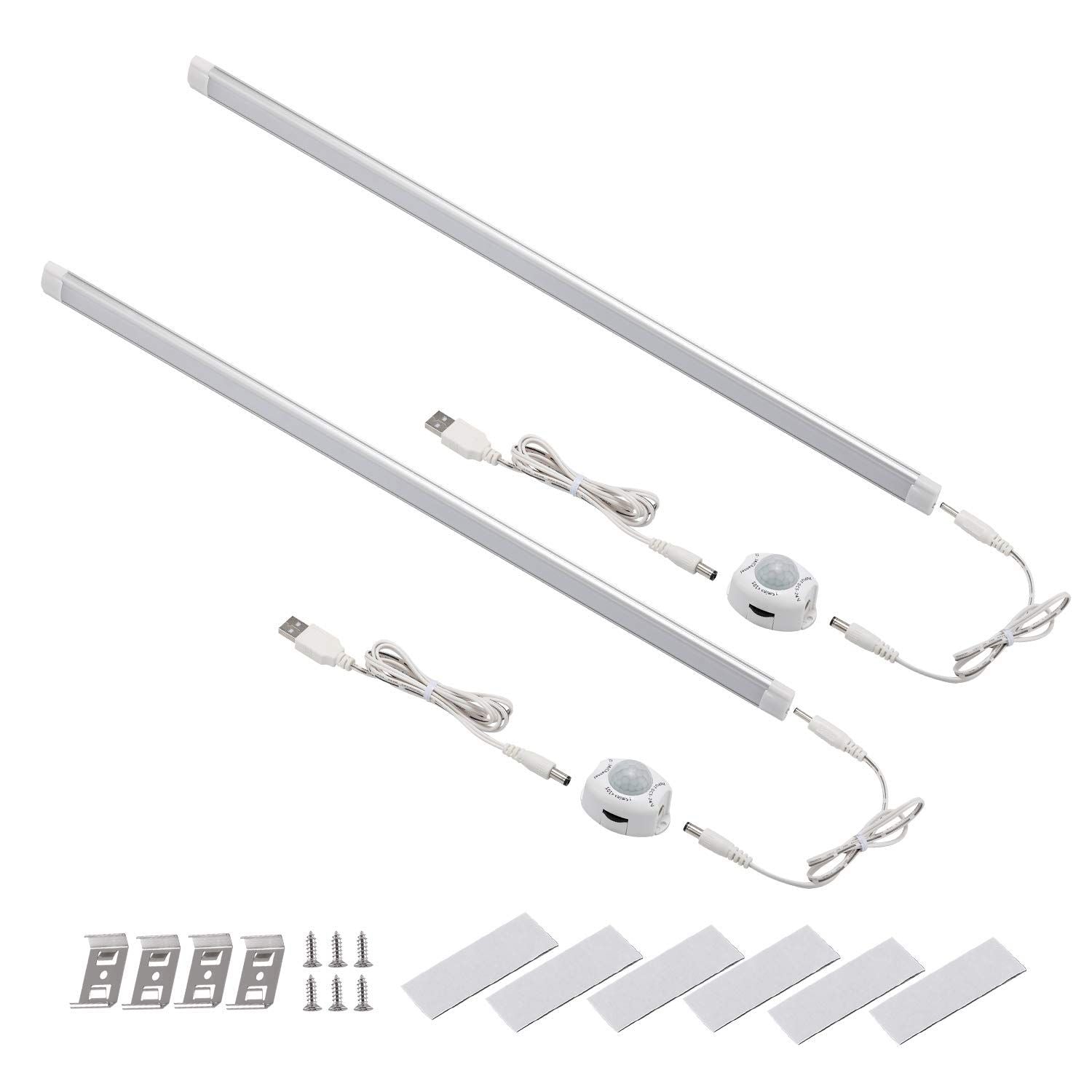 LED Motion Sensor Cabinet Light,2 Pack USB Powered Closet Night Light,20 inch Under Counter Lighting Kit with Automatic Shut Off Timer for Kitchen Pantry Wardrobe Cupboard (Natural White 4000K)