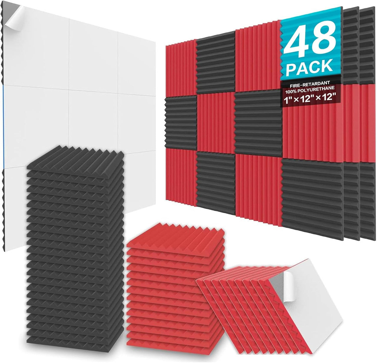 Acoustic Panels  Foam Wedges 48pcs 30x30x2.5cm for Soundproof Padding Wall Black&Red