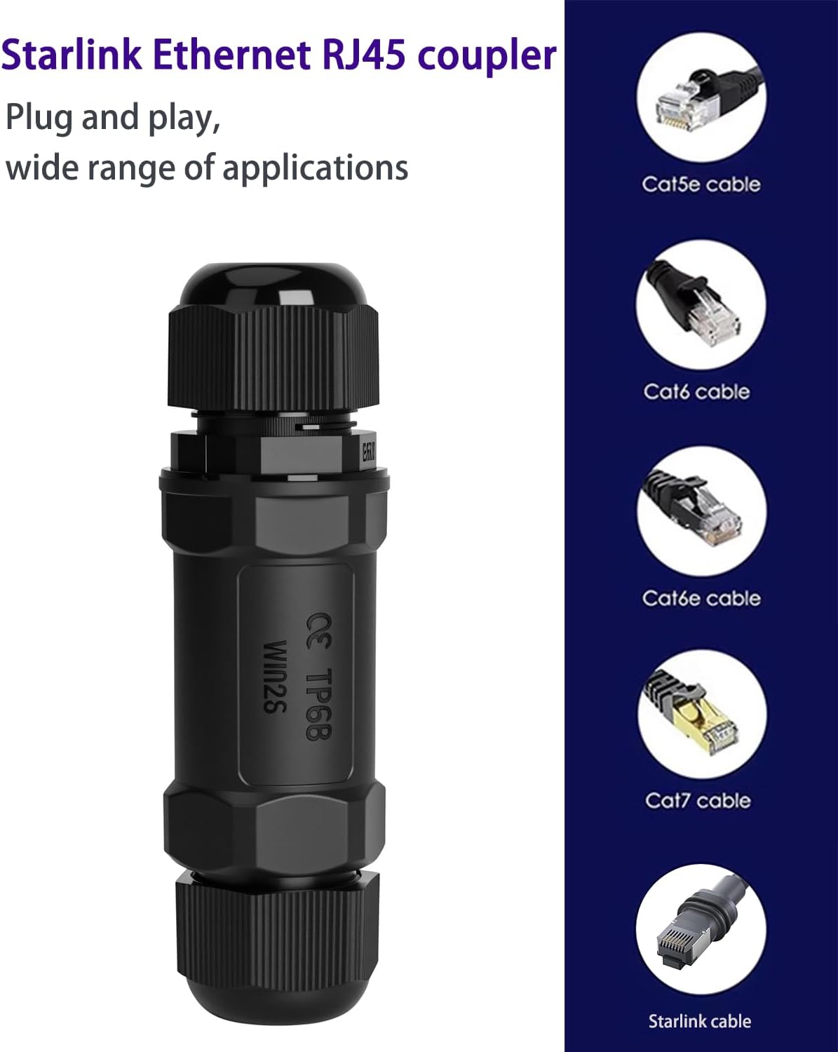 Starlink Coupler  for Starlink Cable/Cat7/Cat6/Cat5E/Cat5 Network LAN Cable Extender IP68 Waterproof (PoE Supported)