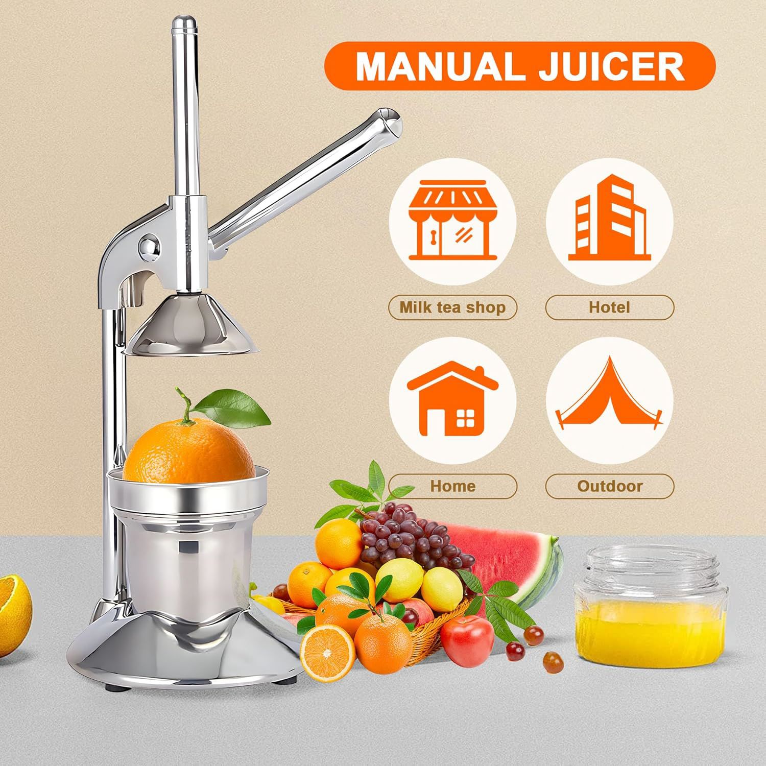 Manual Citrus Juicer Press 304 Stainless Steel Lever Hand Squeezer Silver 28cm