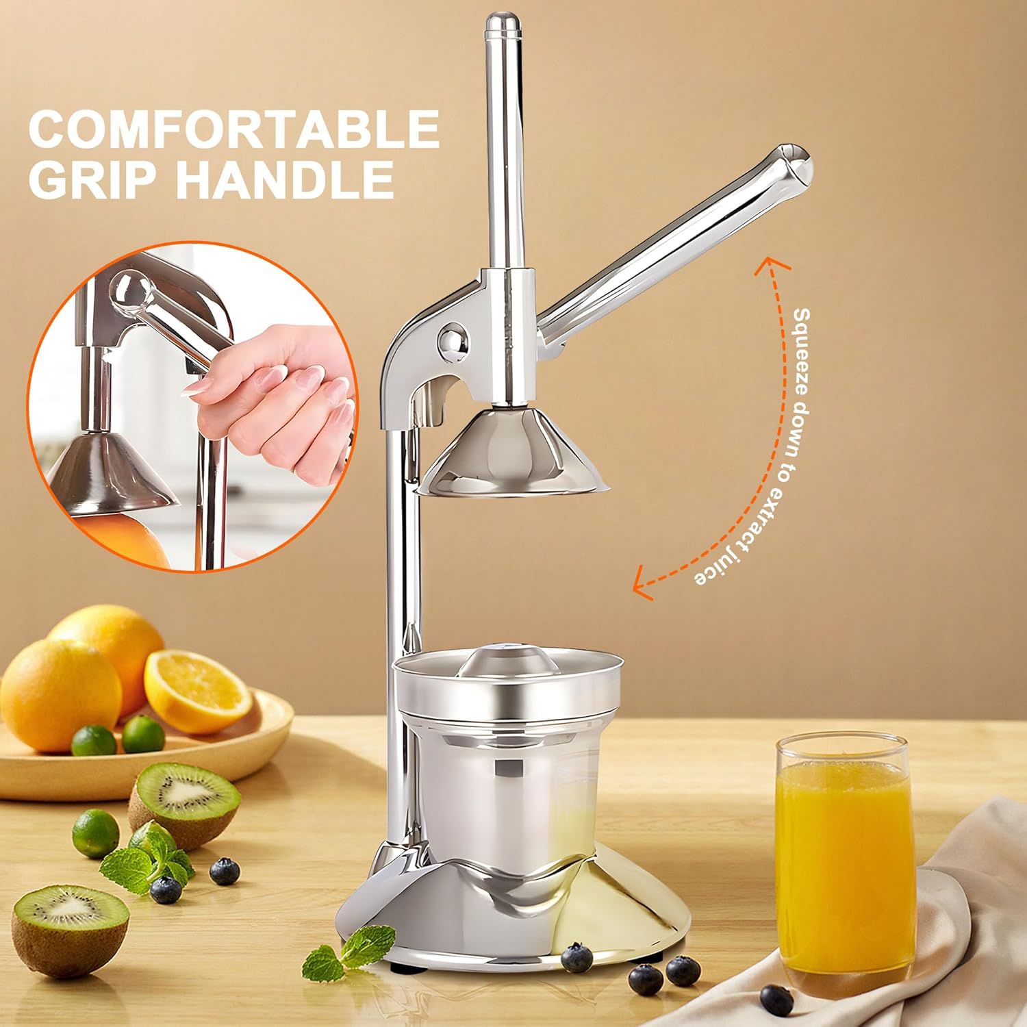Manual Citrus Juicer Press 304 Stainless Steel Lever Hand Squeezer Silver 28cm