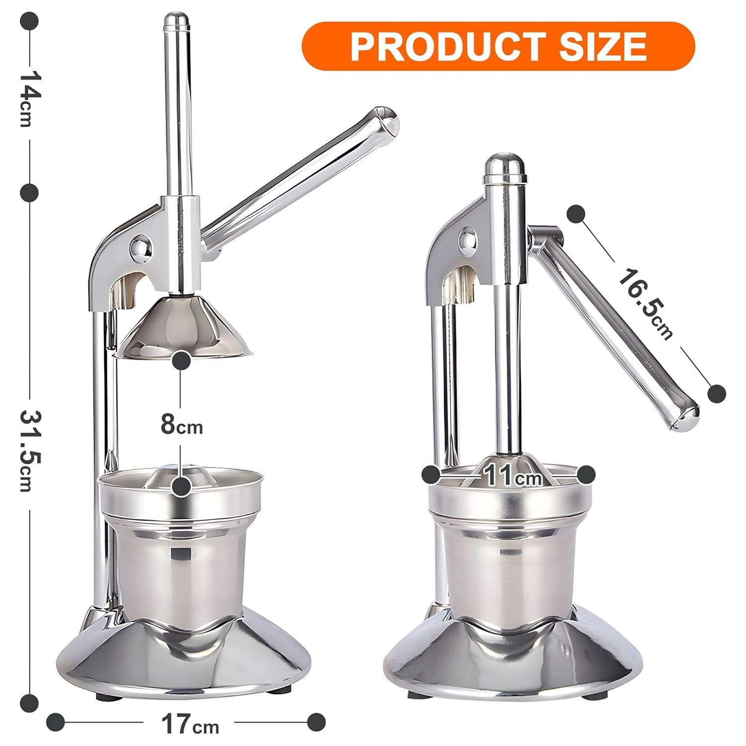 Manual Citrus Juicer Press 304 Stainless Steel Lever Hand Squeezer Silver 28cm