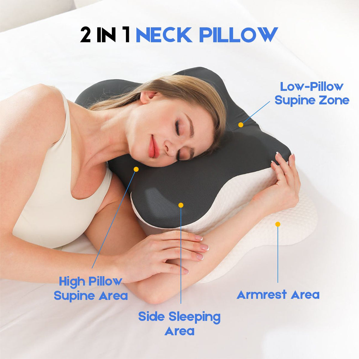 Cervical Pillow with Memory Foam, Ergonomic Contour Neck Support, 2-in-1 Dual Height, Pressure Relief, Grey