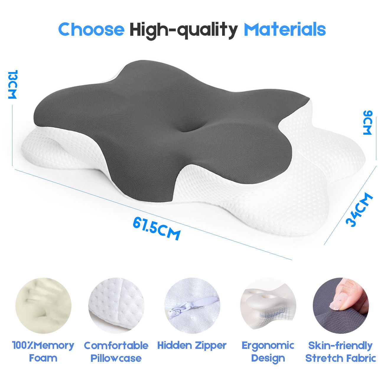 Cervical Pillow with Memory Foam, Ergonomic Contour Neck Support, 2-in-1 Dual Height, Pressure Relief, Grey