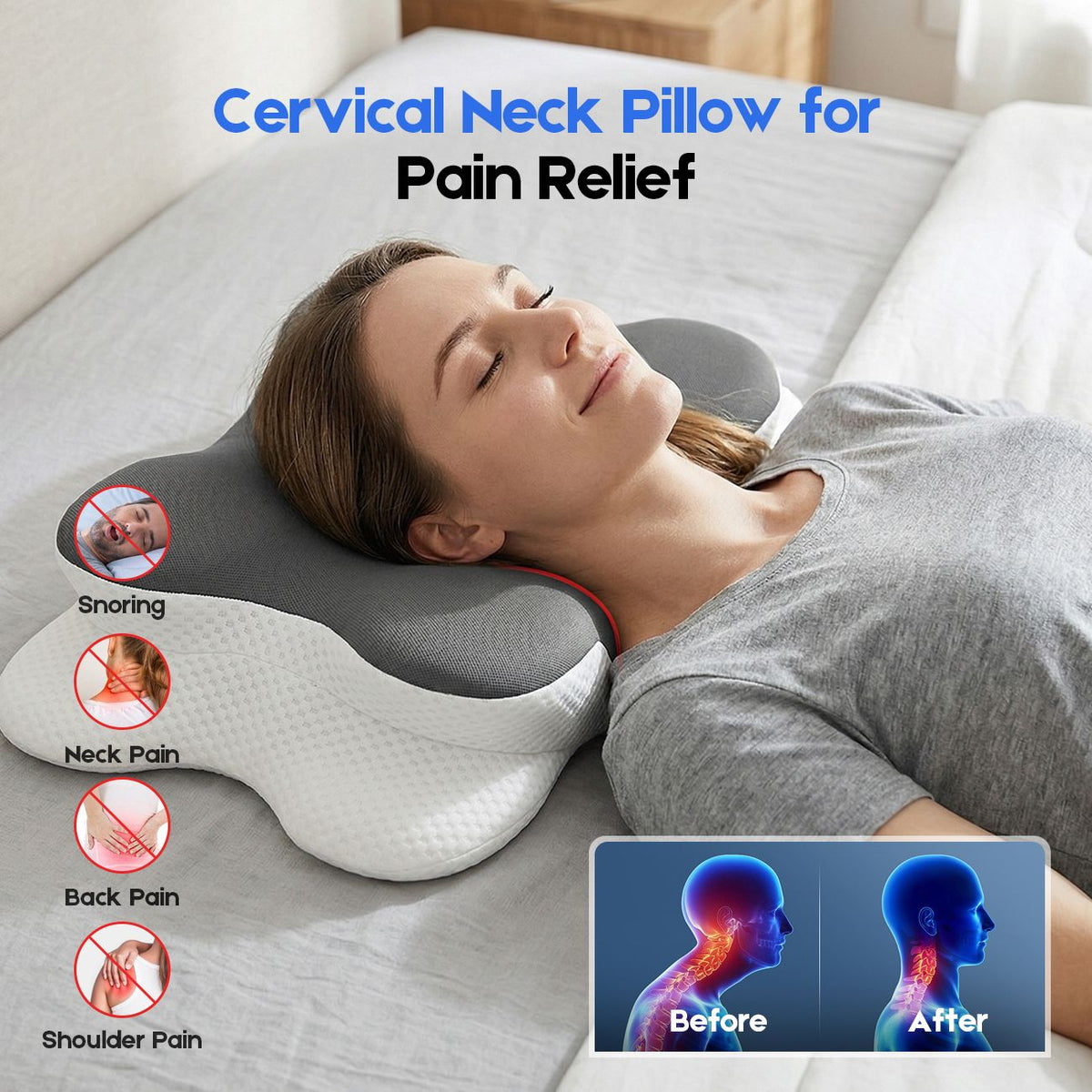 Cervical Pillow with Memory Foam, Ergonomic Contour Neck Support, 2-in-1 Dual Height, Pressure Relief, Grey