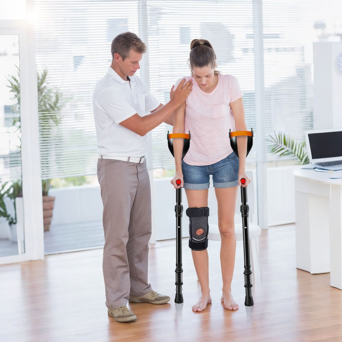 Pair of Adjustable Forearm Crutches for Adults, Lightweight Portable Walking Crutches with Spring Cushioning Design, Black