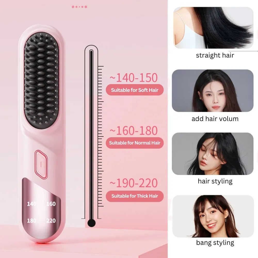 Cordless Hair Straightener Brush Portable Mini Ionic Straightening Comb 4000mAh-Pink