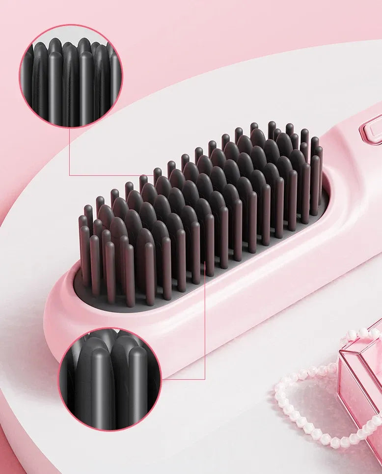 Cordless Hair Straightener Brush Portable Mini Ionic Straightening Comb 4000mAh-Pink
