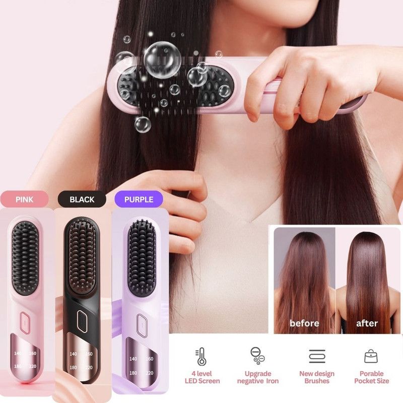 Cordless Hair Straightener Brush Portable Mini Ionic Straightening Comb 4000mAh-Purple