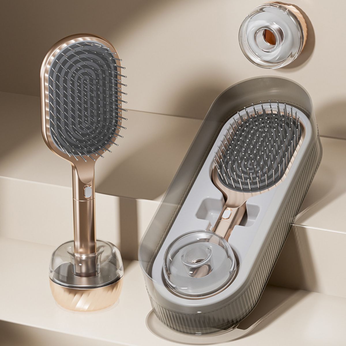 Air Cushion Massage Hair Brush Set with Wall Mount Holder Base - Black
