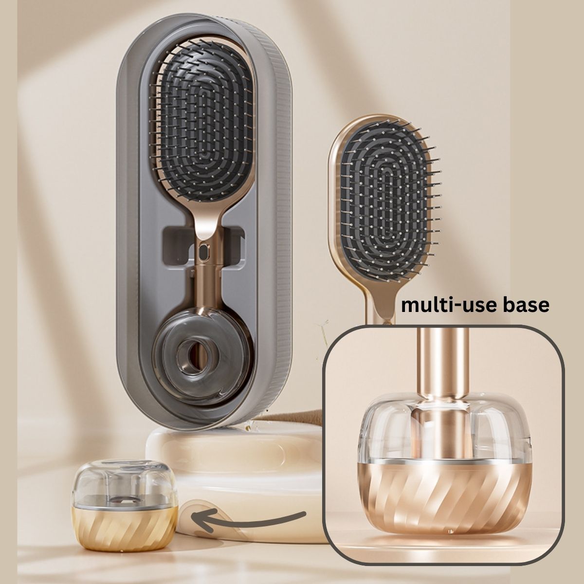 Air Cushion Massage Hair Brush Set with Wall Mount Holder Base - Golden