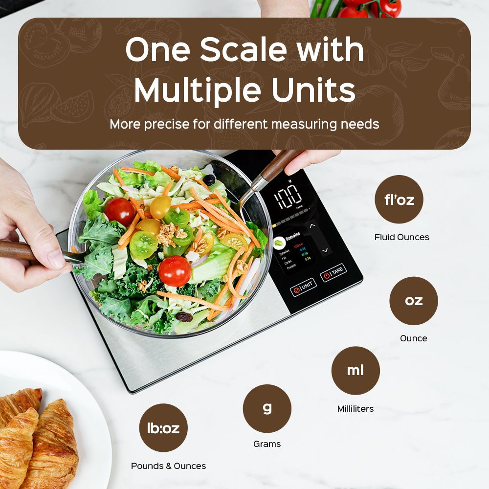 Smart Digital Food Kitchen Scale with Nutritional Calculator, On-Screen Nutrient Info, Free App for Calorie & Macro Tracking, AI Scan, Personal Goals, for Weight Loss and Keto, 11lb/5kg